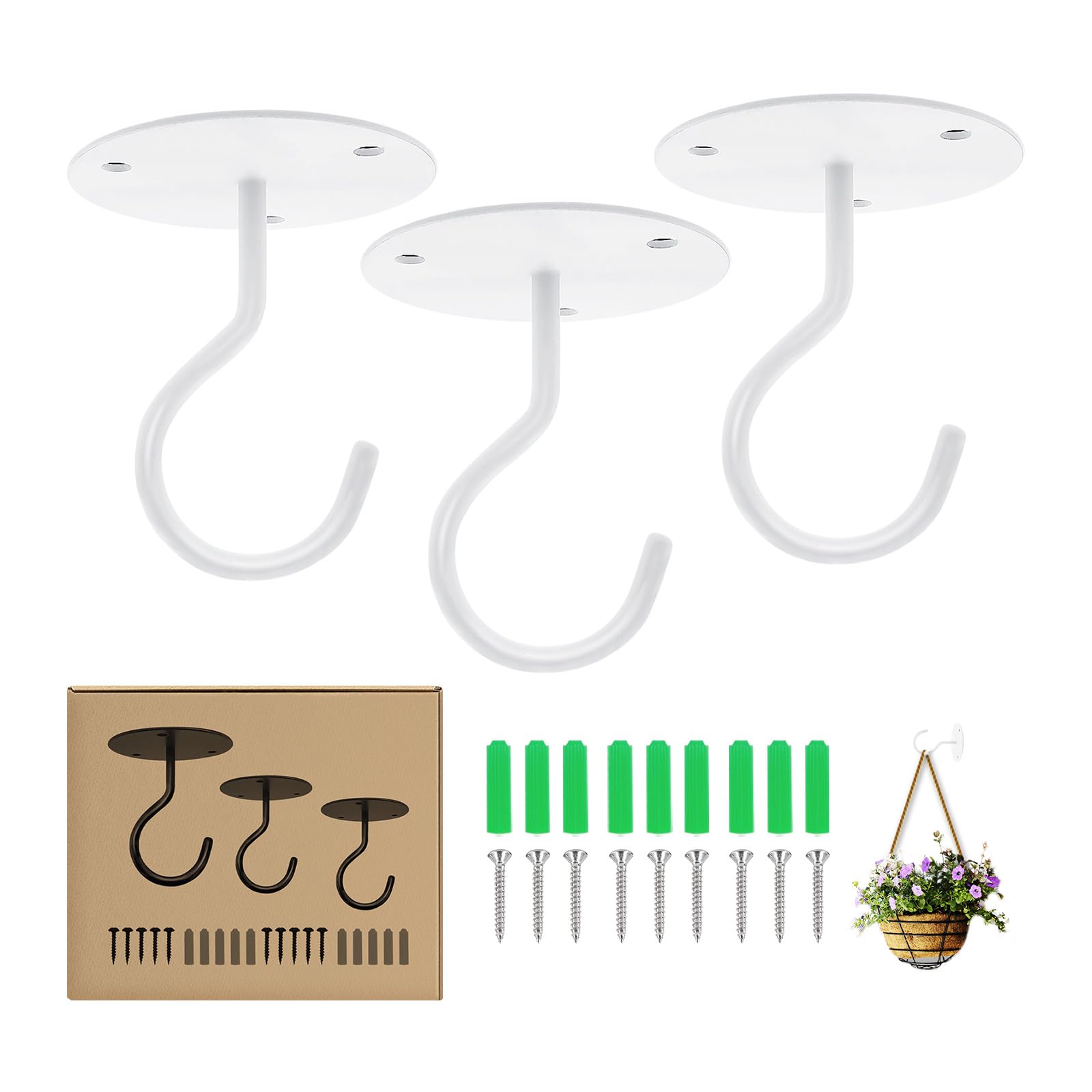 Heavy Duty Metal Ceiling Hooks for Hanging Plants - 3 Pack White Wall Mount Hangers for Bird Feeders, Wind Chimes, Lanterns & Planters - Perfect for Outdoor Garden, Patio & Balcony Decoration