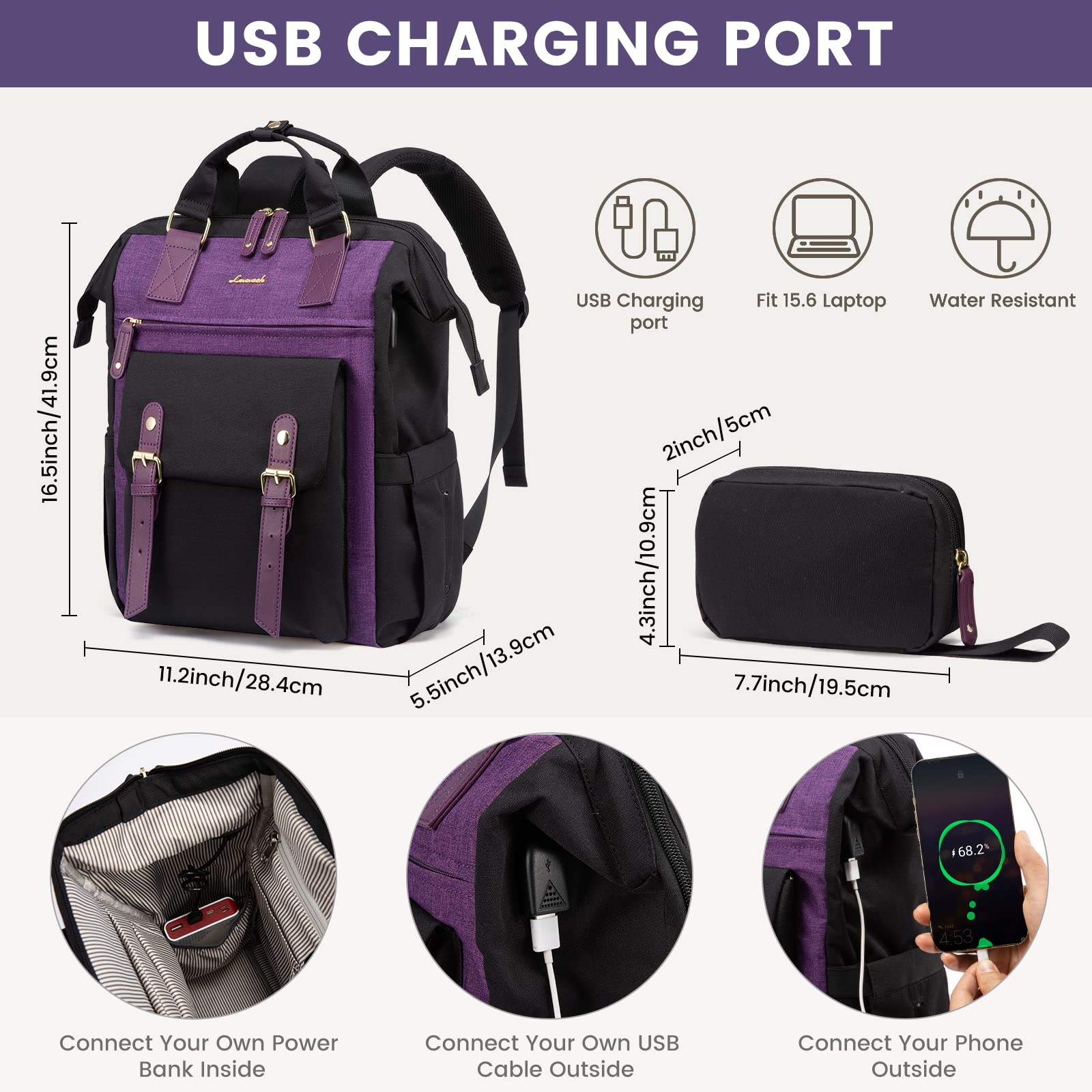 LOVEVOOK 15.6 Inch Laptop Backpack for Women - Waterproof USB Charging Port Work Bag, College Backpack for Nurse & Teacher, Business Travel Computer Bag - Perfect for Office, School & Commuting (Black-Purple)