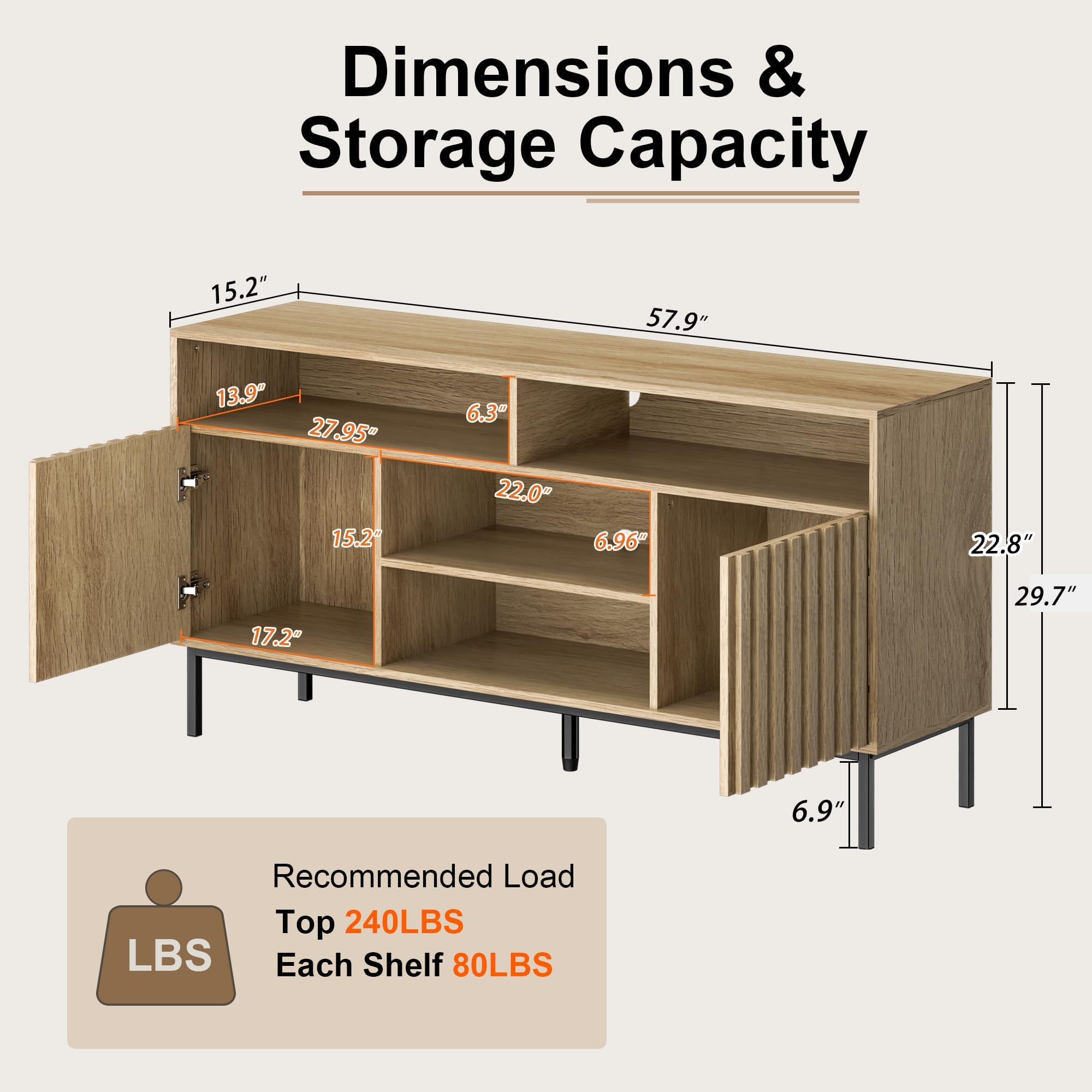 Mid Century Modern TV Stand Cabinet for Living Room - Wood Media Console with Shelves & Storage (Fits 50/55/60/65 Inch TVs) - Fluted Entertainment Center for Bedroom & Home Theater - Perfect for Organizing Electronics & Displaying Decor