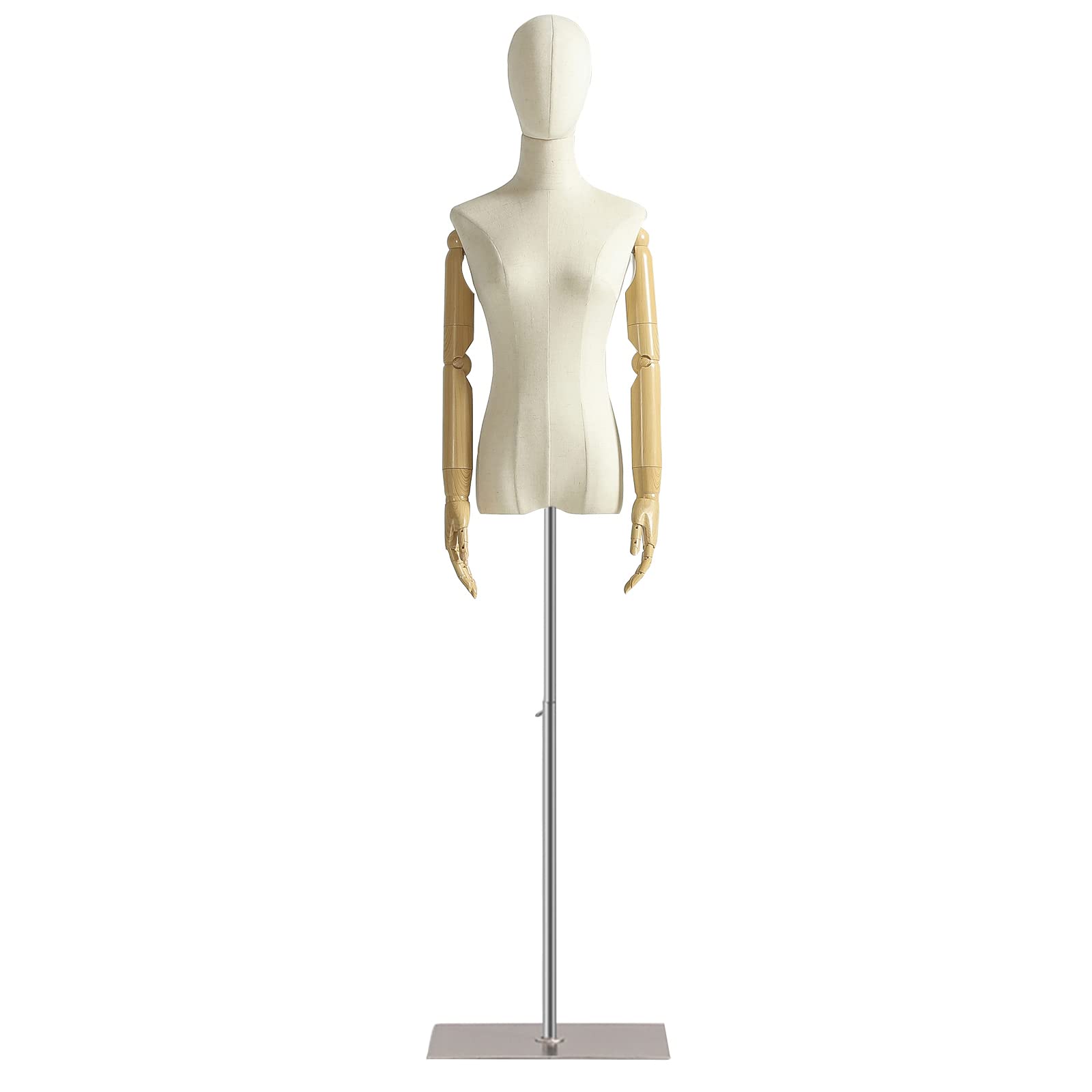 Adjustable Female Mannequin Torso with Detachable Head & Wooden Hands - Silver Height-Adjustable Stand for Dress, Jewelry & Boutique Display - Perfect for Fashion Shows, Retail Stores & Photography Studios
