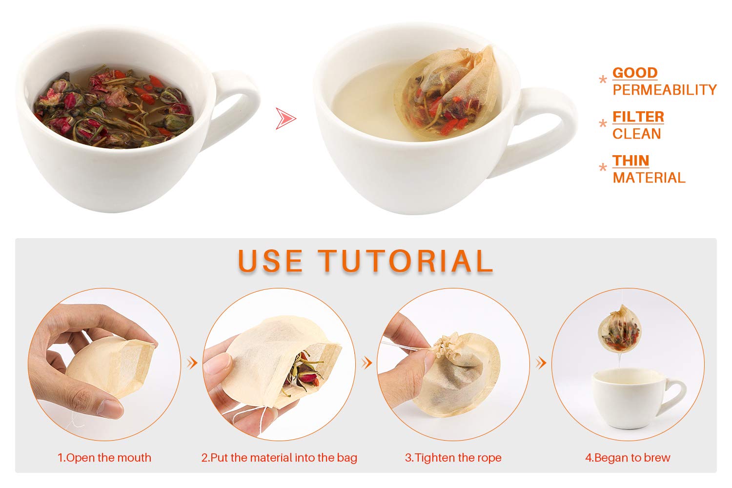 300pcs Disposable Empty Tea Filter Bags - Natural Safe Drawstring Tea Infuser for Loose Leaf Herbs & Teas (Round Shape) - Perfect for Home Brewing, Office Tea Time & Gift Packaging