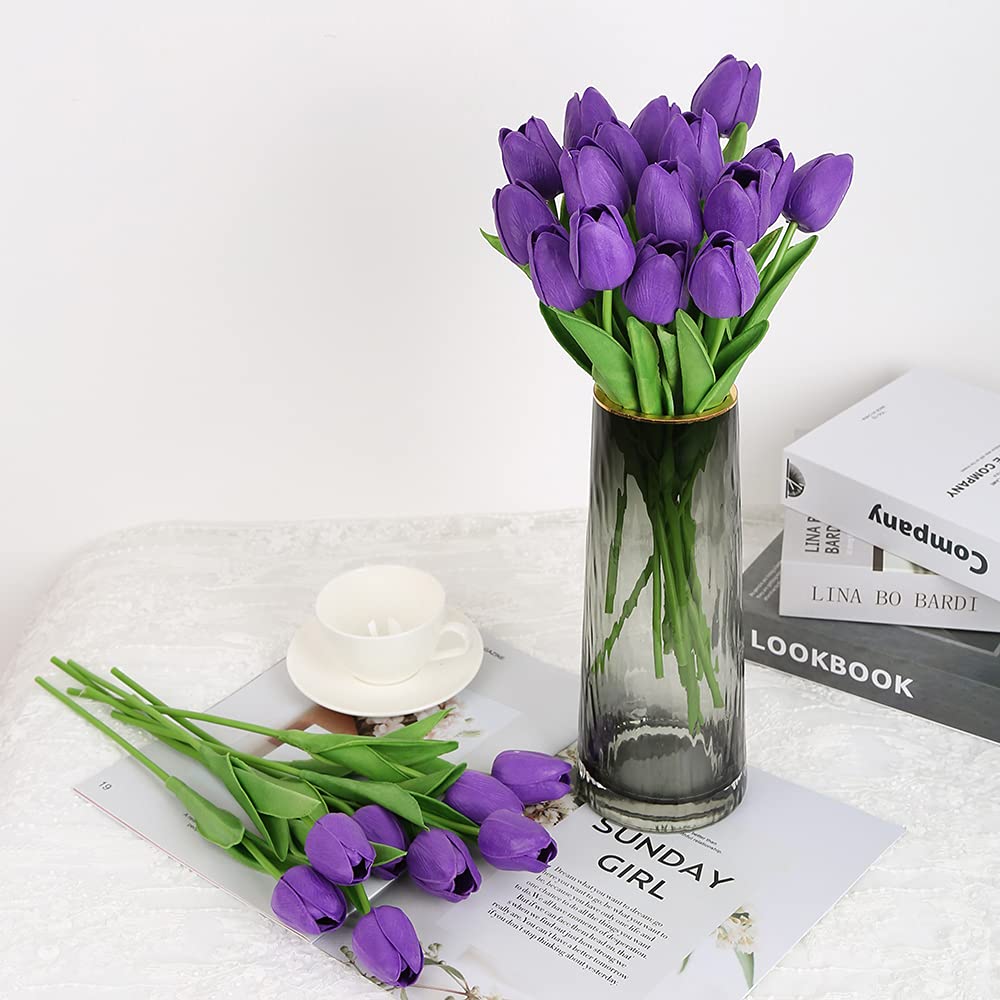 IPOPU 24PCS Real Touch Artificial Tulip Flowers - Lifelike Purple Faux Tulips for Home Decor, Wedding Centerpieces, Baby Shower Arrangements & Table Decoration | Perfect for Living Room, Dining Table, Office Desk and Special Events