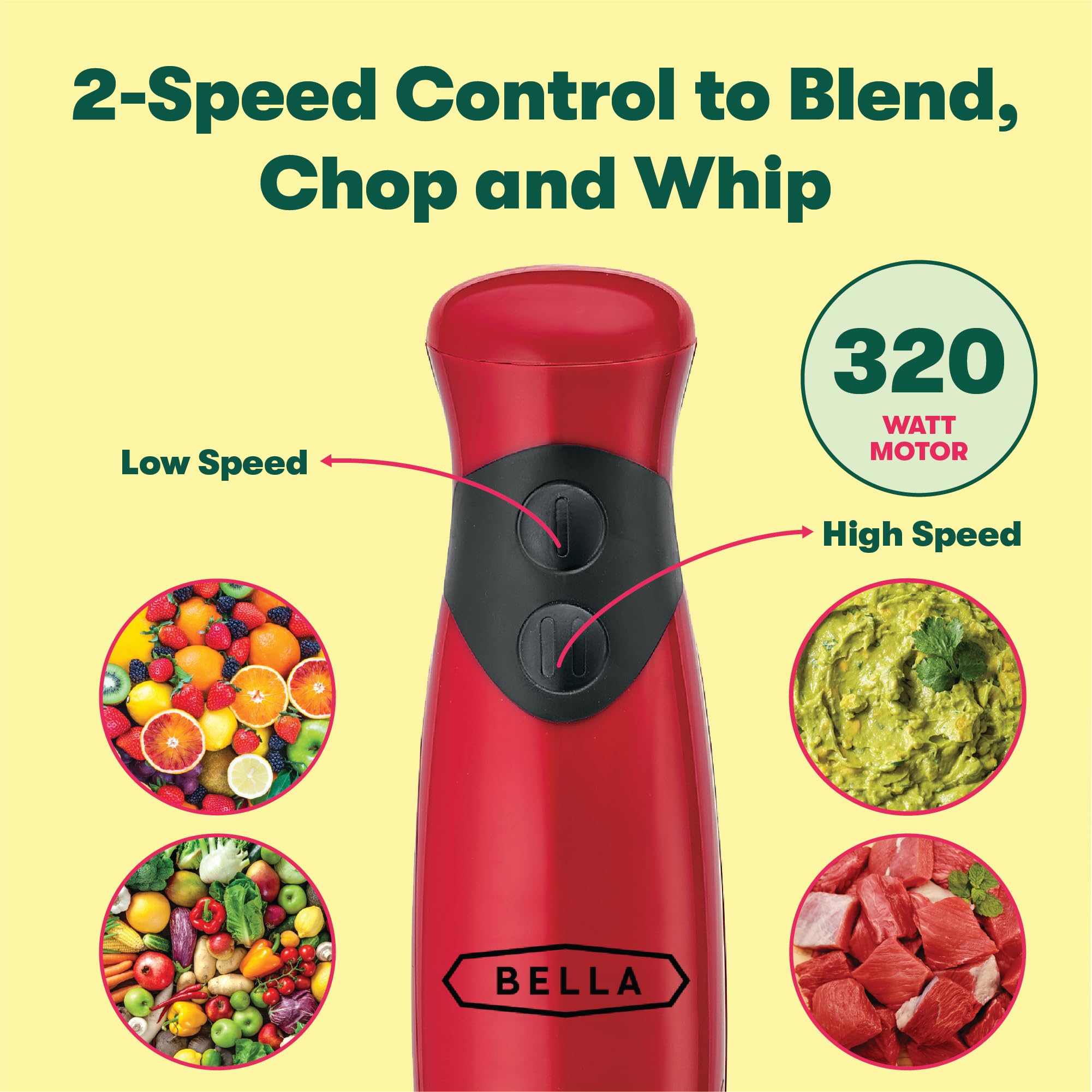 BELLA Immersion Hand Blender - 5-in-1 Electric Hand Mixer with Whisk Attachment for Juicing, Shakes, Baby Food & Smoothies | Stainless Steel Blender (Red) | Perfect for Kitchen, Baby Food Prep & Healthy Drinks