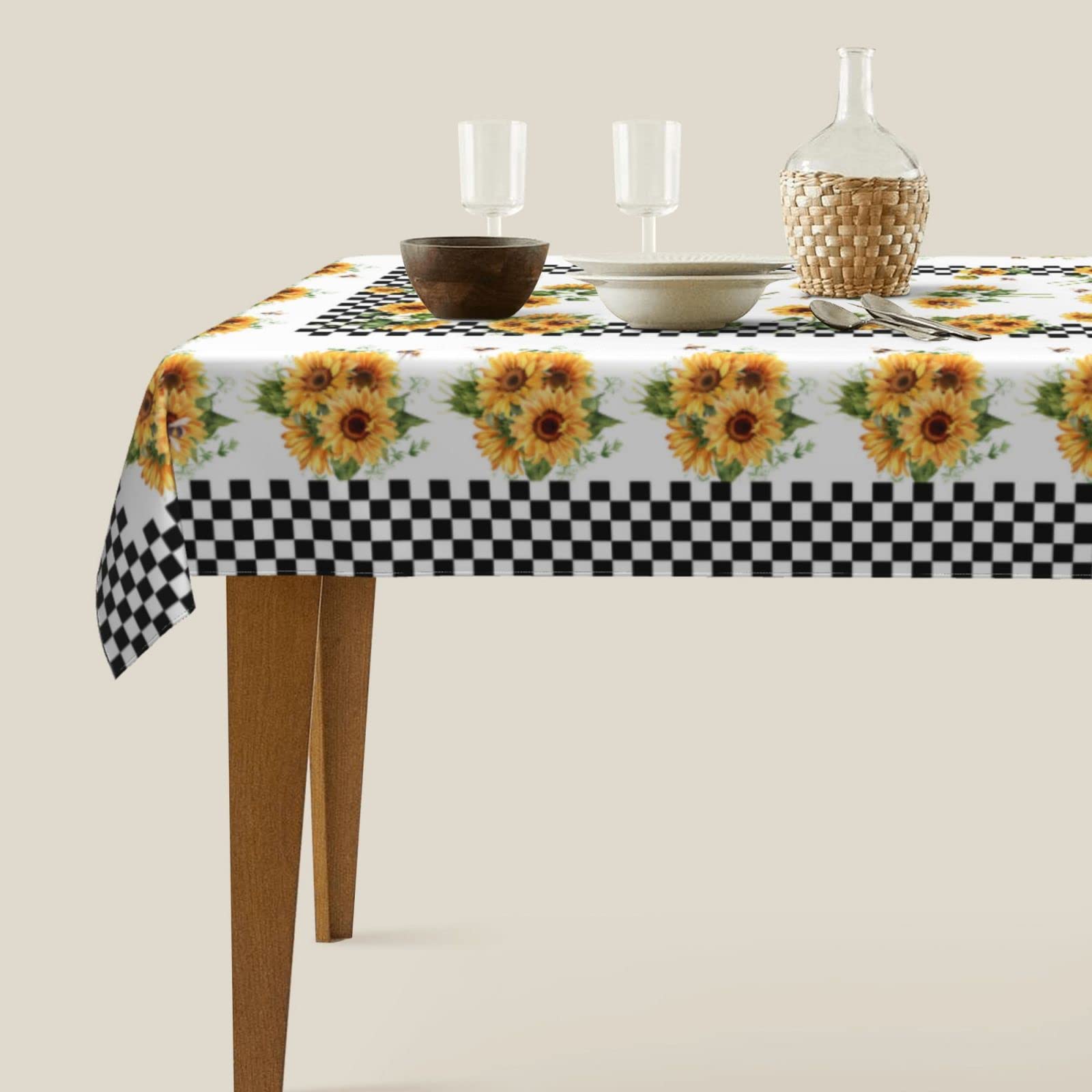 Sunflower Rustic Checkerboard Tablecloth 60x90 Inch - Washable Rectangle Table Cover for Kitchen, Dining Room, Picnic, and Outdoor Decor
