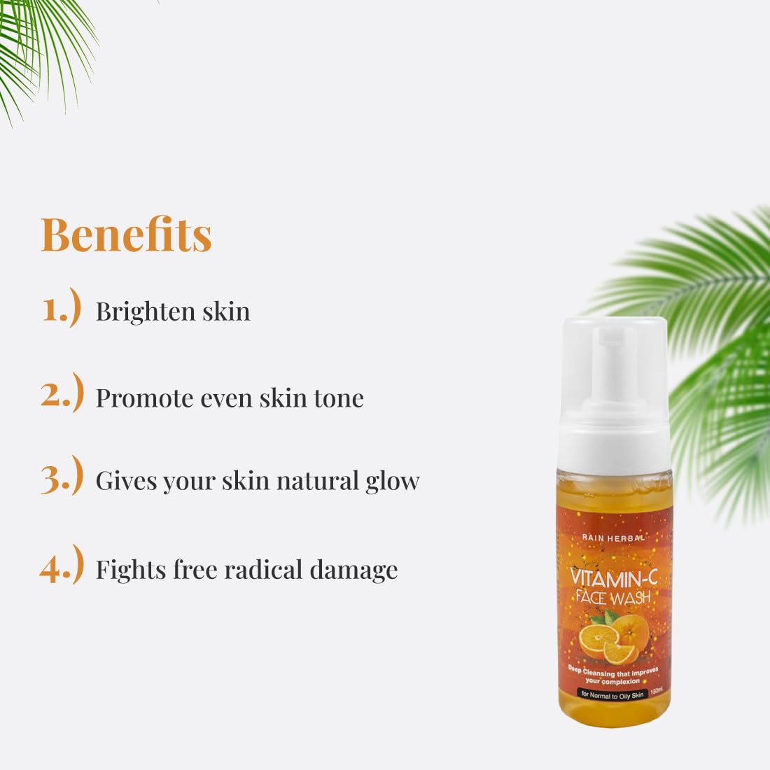 Rain Vitamin C Foaming Face Wash with Mandarin | Brightening & Gentle Cleanser for Glowing Skin | Fights Hyperpigmentation & Dullness | Sulphate-Free & 100% Vegan (150ml) | Perfect for Morning & Night Skincare Routine