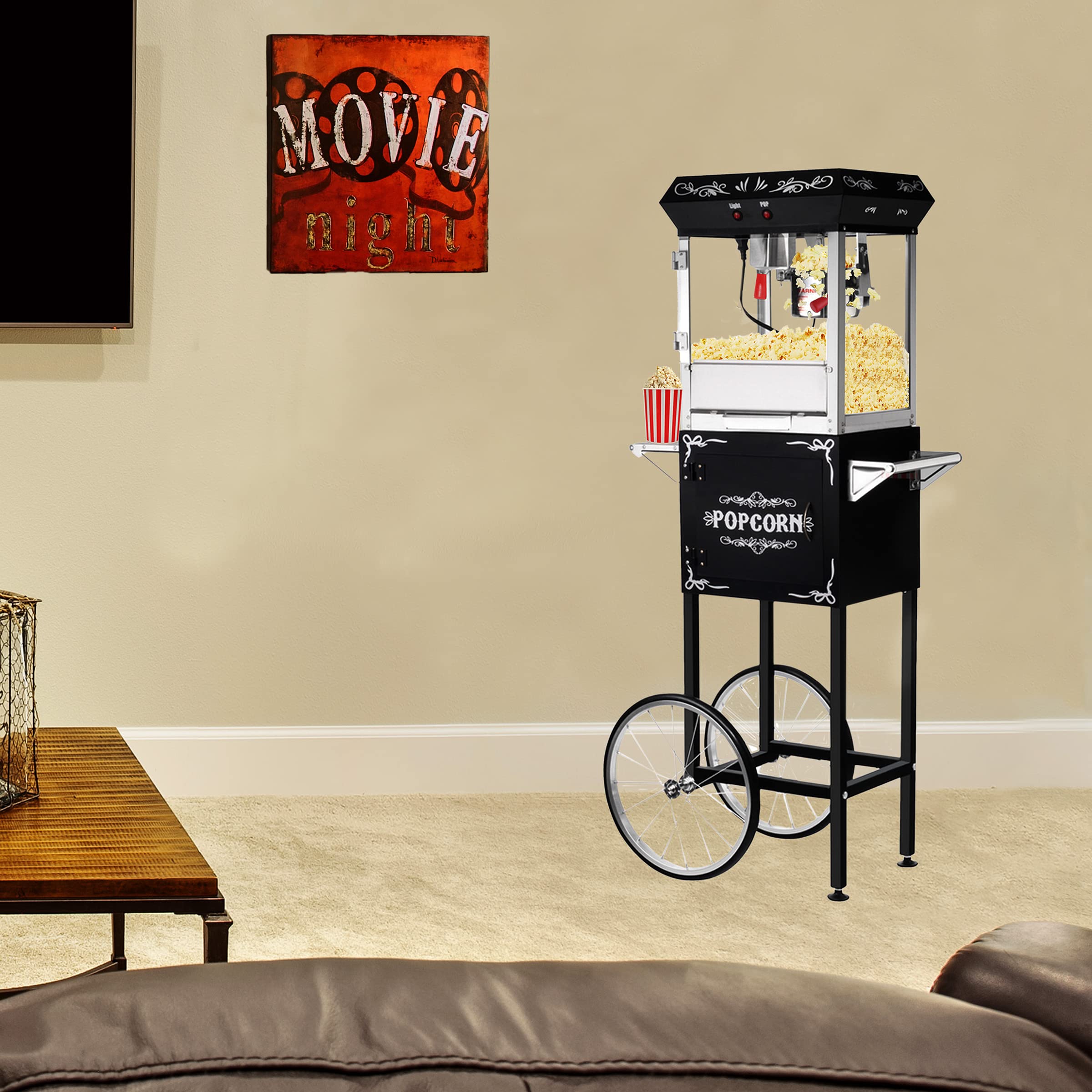 Great Northern Popcorn Machine with Cart - 6oz Commercial Popcorn Popper with Stainless Steel Kettle, Heated Warming Tray & Old Maids Drawer for Movie Nights, Parties & Concessions (Black)