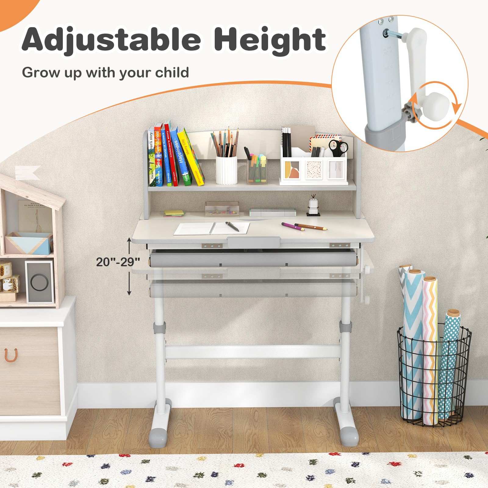 Costzon Adjustable Height Kids Desk with Tiltable Desktop, Storage Drawer & Hutch - Ergonomic Study Desk with Scale Ruler for Boys & Girls - Perfect for Homework, Drawing & Bedroom Organization (Grey)