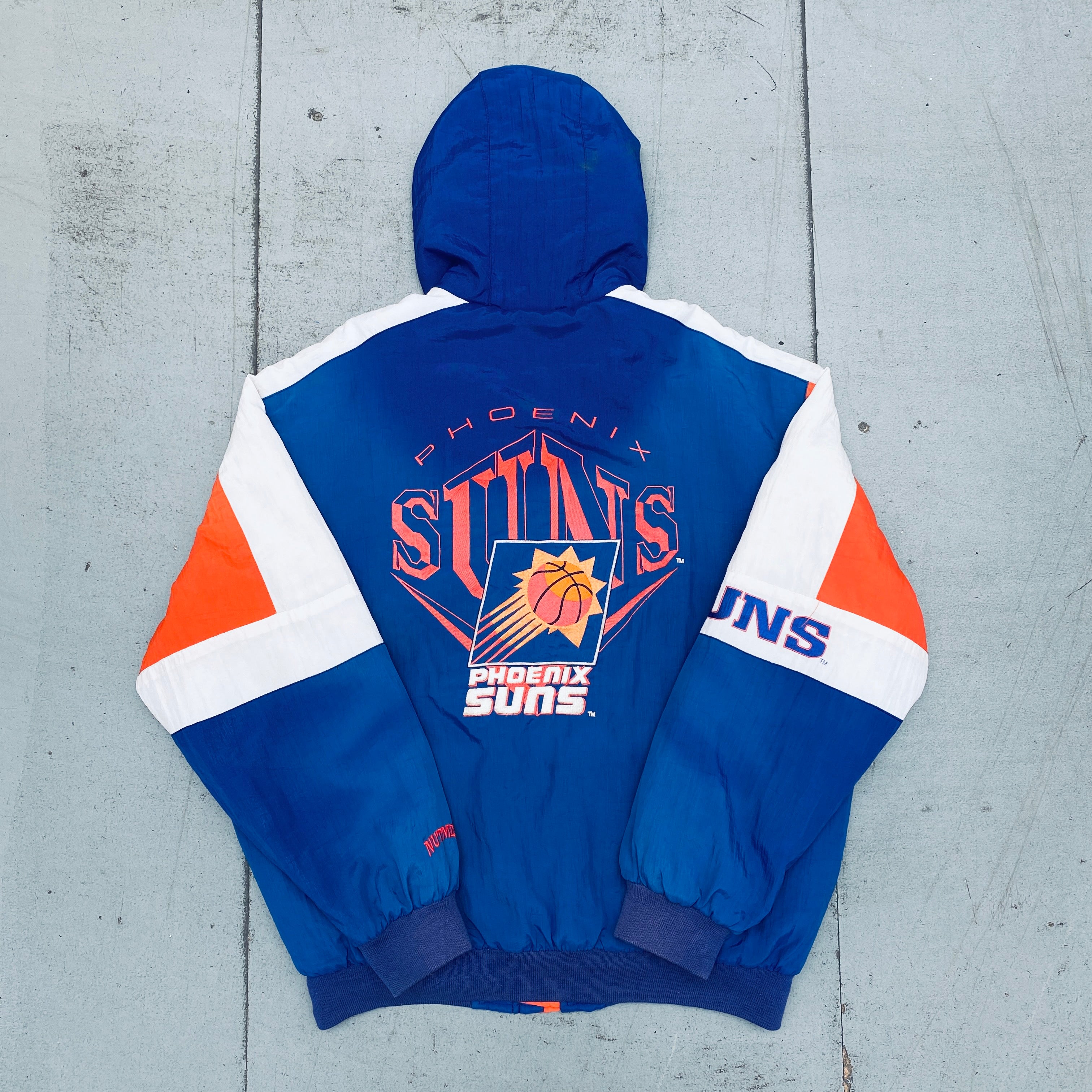 1990's Phoenix Suns Nutmeg Mills Reverse Embroidered Spellout Full-Zip Jacket - Vintage NBA Basketball Fan Apparel (Size L/XL) for Game Day & Retro Fashion