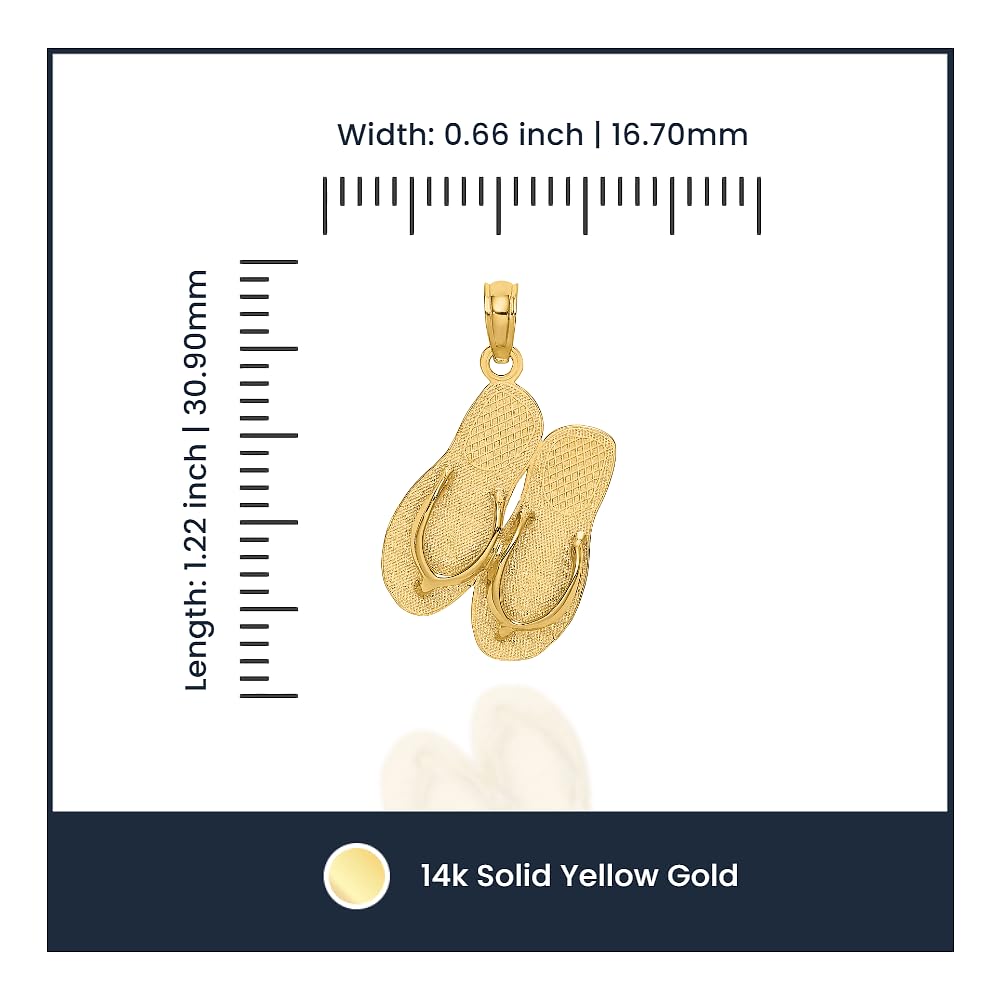 14K Solid Yellow Gold Sea Isle Double Hawaiian Flip Flop Necklace - Beach Sandals Pendant Charm for Women - Perfect for Summer Vacation, Ocean Getaway, and Tropical Jewelry Gifts