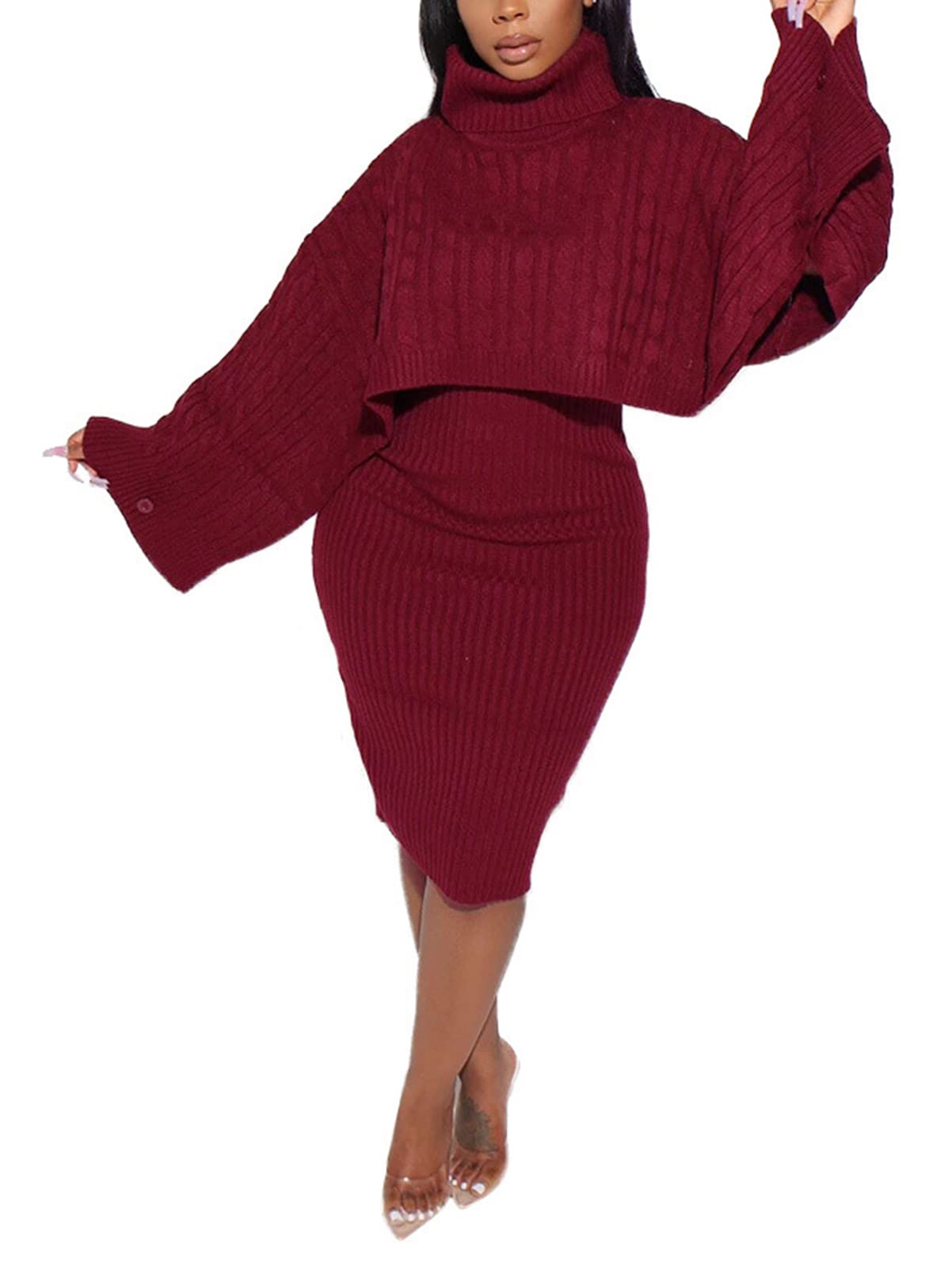 Women's 2 Piece Outfit Set - Knitted Long Sleeve Turtleneck Sweater & Bodycon Midi Dress | Winter Fashion, Casual Wear, Office Outfit, Date Night & Holiday Party Outfits