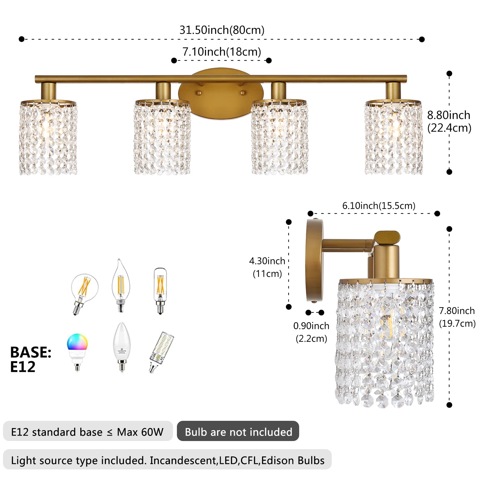 4-Light Crystal Gold Vanity Lights - Modern Wall Sconce Lighting for Bathroom Mirror, Bedroom Dresser & Makeup Area - Elegant Hollywood Style Fixture with Clear Prisms
