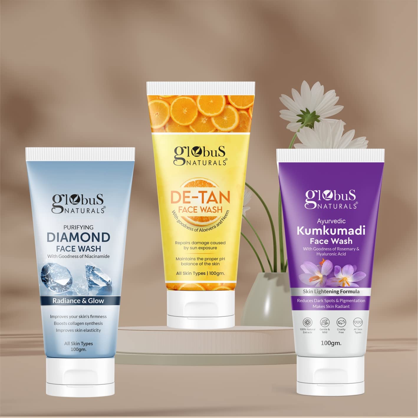 Globus Naturals Ayurvedic Kumkumadi Skin Lightening Face Wash with Hyaluronic Acid & Rosemary - Chemical Free, Cruelty Free, for All Skin Types - 100ml - Brightening & Hydrating Facial Cleanser for Daily Skincare Routine
