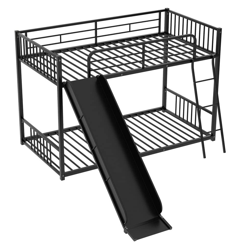 Metal Twin Over Twin Bunk Bed with Slide - Low Profile Bunk Bed Frame with Safety Guardrail & Inclined Ladder - Space-Saving Kids Bunk Bed with Headboard & Footboard for Boys & Girls - No Box Spring Needed (Black) - Perfect for Small Bedrooms, Shared Kids' Rooms & Vacation Homes