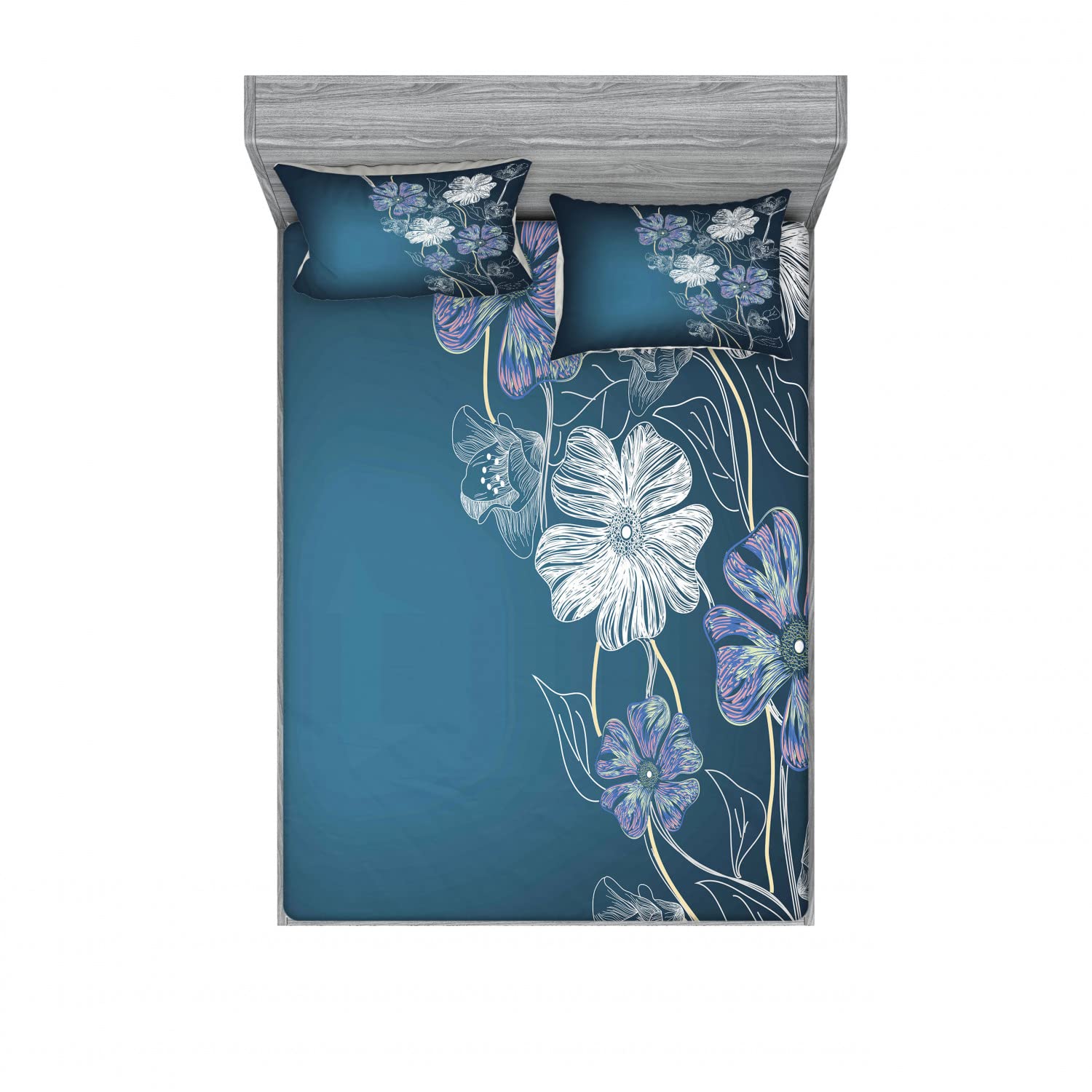 Ambesonne 2-Pack Queen Size Fitted Sheet & Pillow Sham Set - Cherry Blossom Bridal Floral Pattern Bedding (4-Piece Set, Petrol Blue Lavender) for Master Bedroom, Guest Room & Wedding Decor