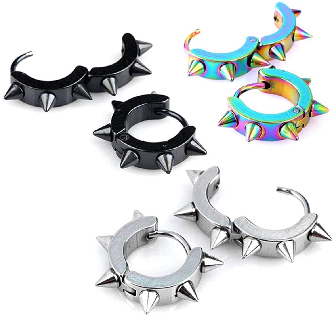 5 Pairs Punk Style Stainless Steel Spike Hoop Earrings & Studs for Men & Women - Body Piercing Jewelry Set for Gothic, Rocker & Alternative Fashion Lovers
