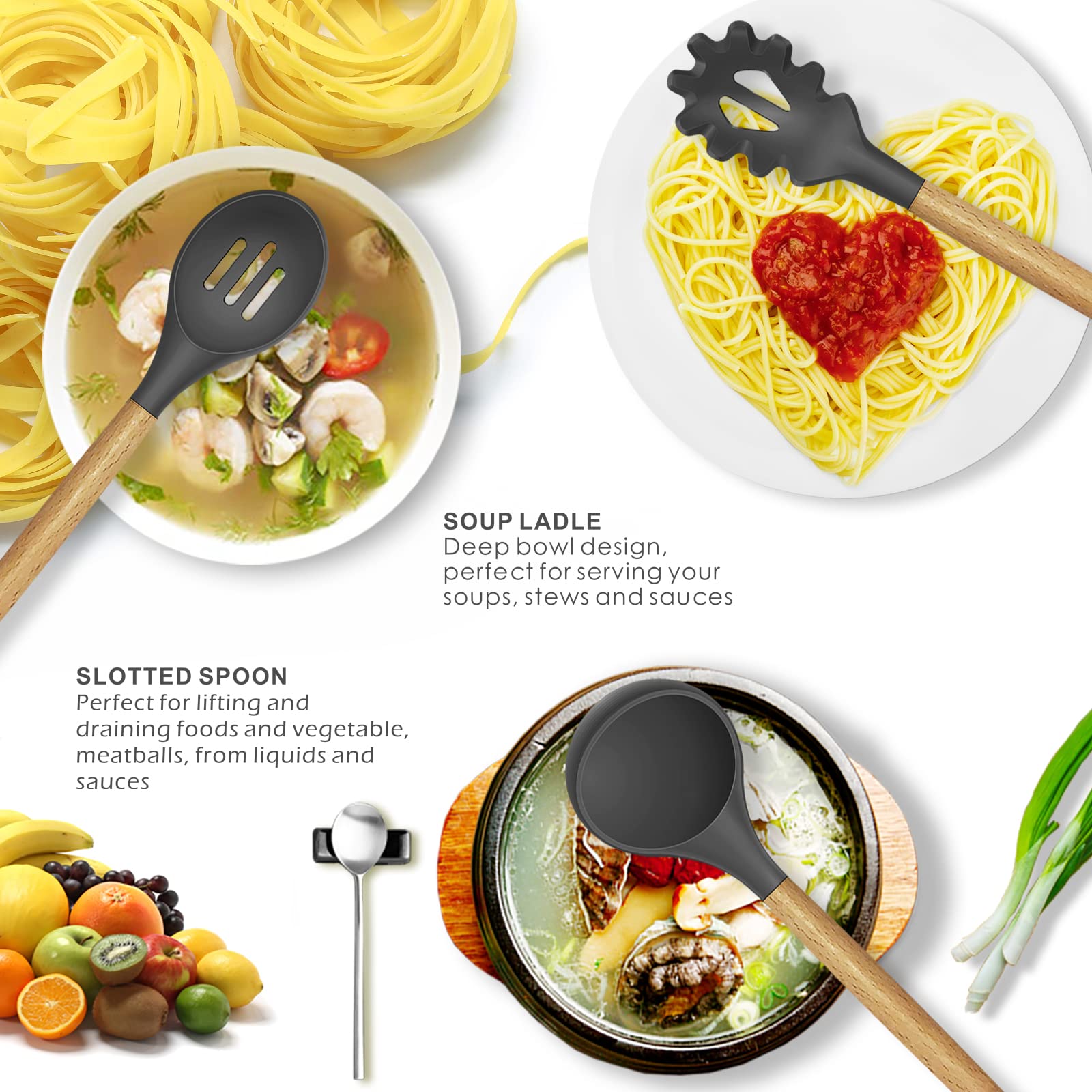 Heat Resistant Silicone Cooking Utensils Set - 446°F Nonstick Kitchen Tools with Spatula, Turner, Tongs, Spoon, Brush & Whisk | BPA Free & Dishwasher Safe | Perfect for Nonstick Pans, Baking & Everyday Cooking (Gray)