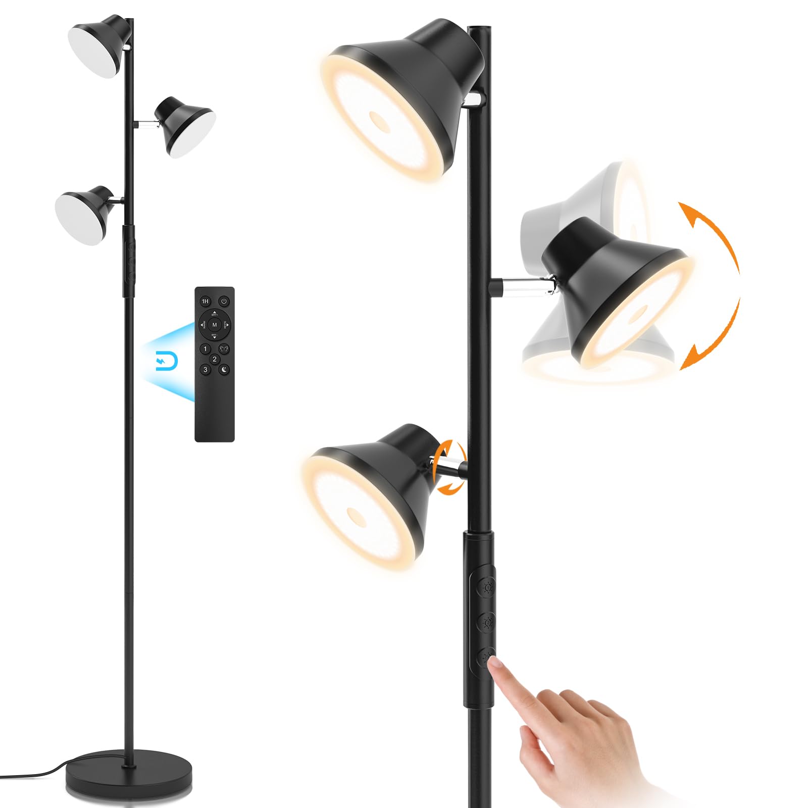 Modern LED Floor Lamp with Remote & Touch Control - 36W Standing Lamp with 3 Adjustable Lights & 4 Color Temperatures - Perfect for Living Room, Bedroom, Office Lighting - Ideal for Reading, Working, and Creating Ambiance