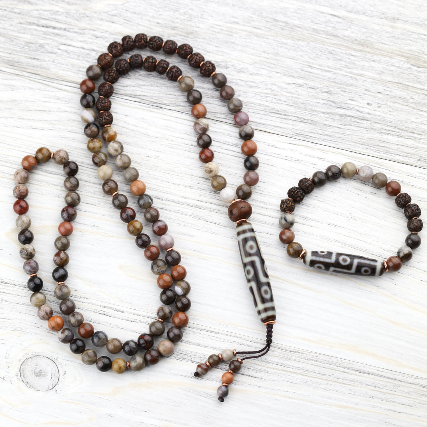 9 Eye Dzi Beads & Petrified Wood Buddhist Mala Bracelet - Spiritual Meditation, Yoga Accessory & Positive Energy Jewelry for Men and Women
