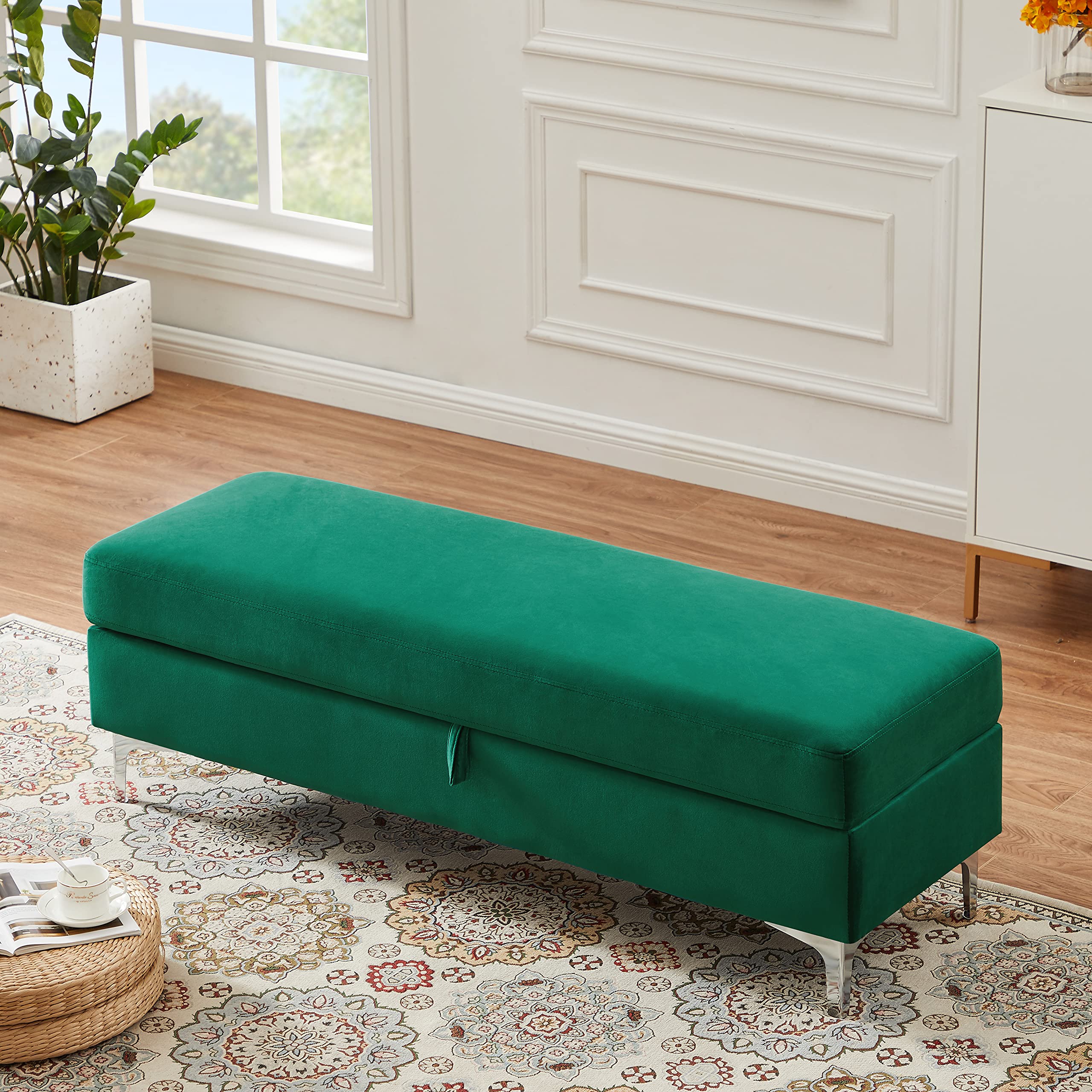 Velvet Upholstered Storage Ottoman Bench - Tufted Rectangular Footstool with Shoe & Blanket Storage | Multi-Purpose Seating for Bedroom, Living Room & Entryway | Perfect as Bed End Bench, Entryway Seat & Living Room Accent (Green)