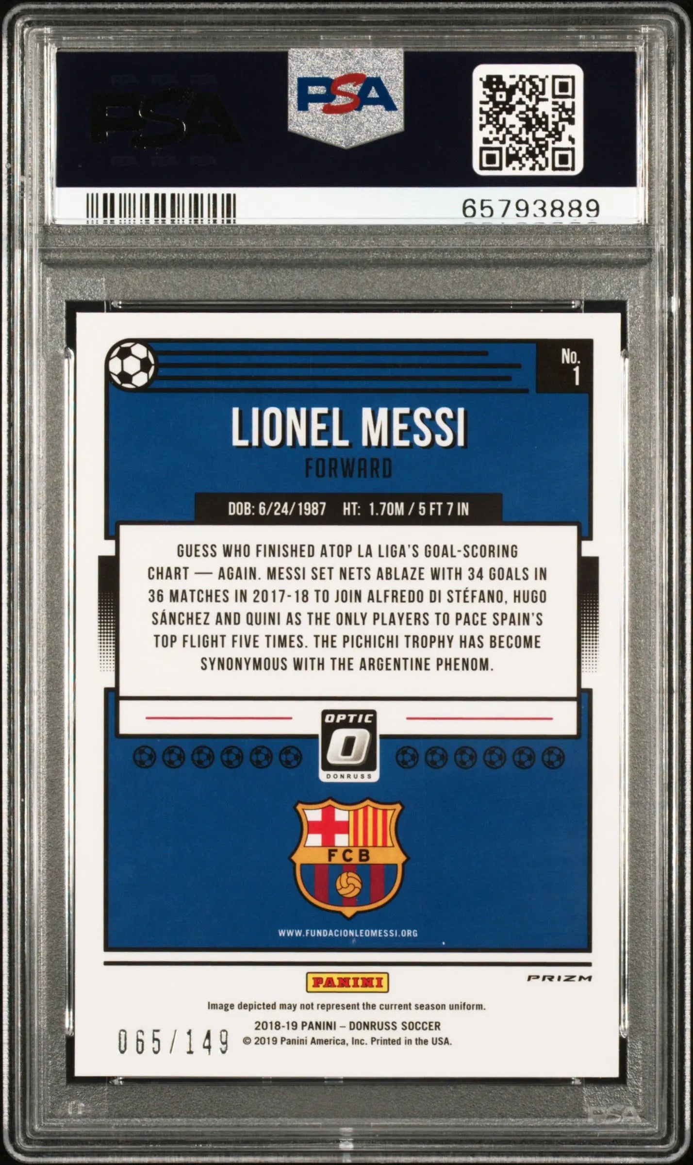 2018 Panini Donruss Optic Lionel Messi Aqua PSA 10 /149 #1 - Rare Soccer Trading Card for Collectors & Investors - Perfect for Display, Trading, and Sports Memorabilia Collections