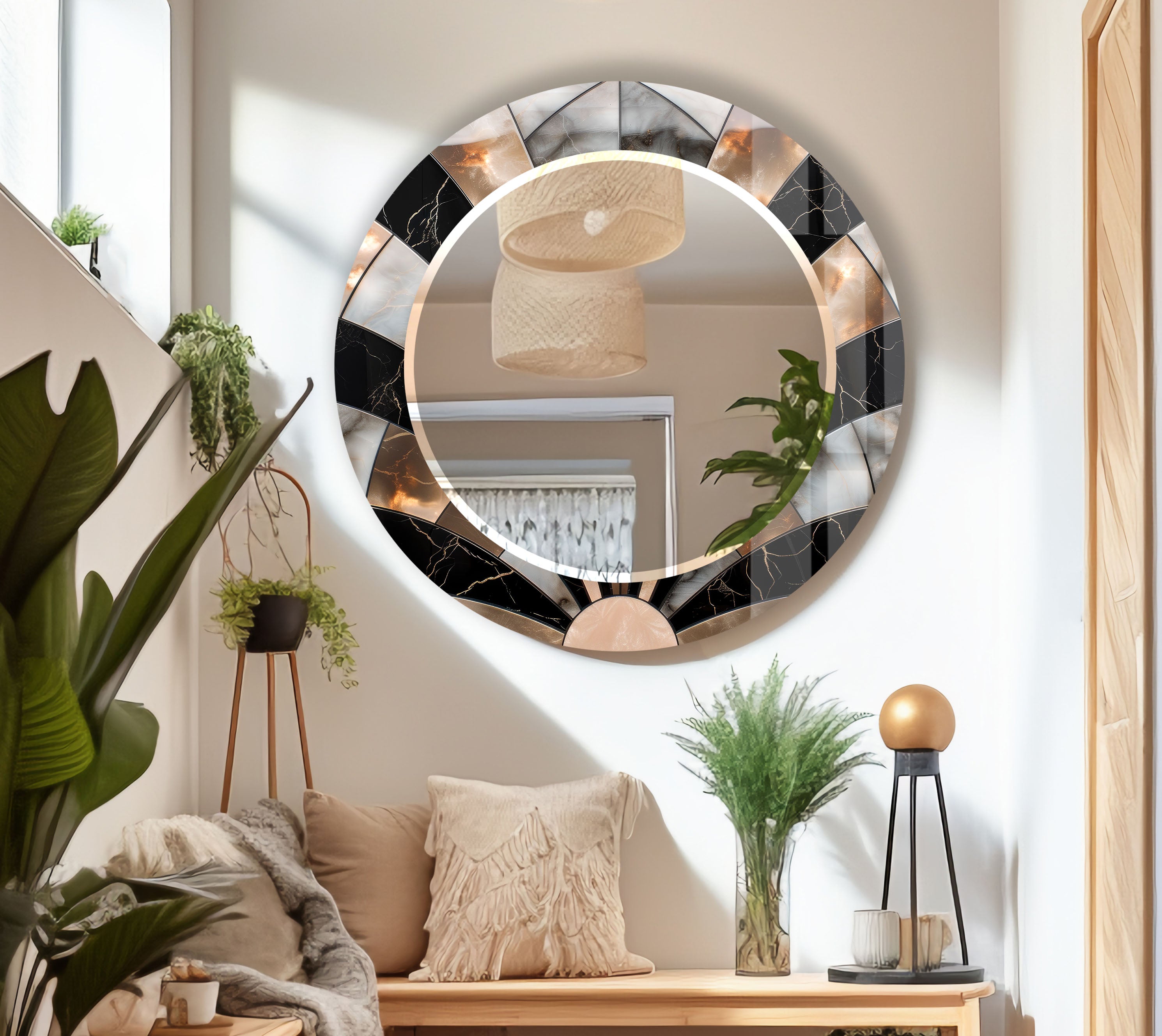 Elegant Black Marble Round Wall Mirror with Sunburst Frame - Perfect for Living Room, Bedroom, and Bathroom Decor