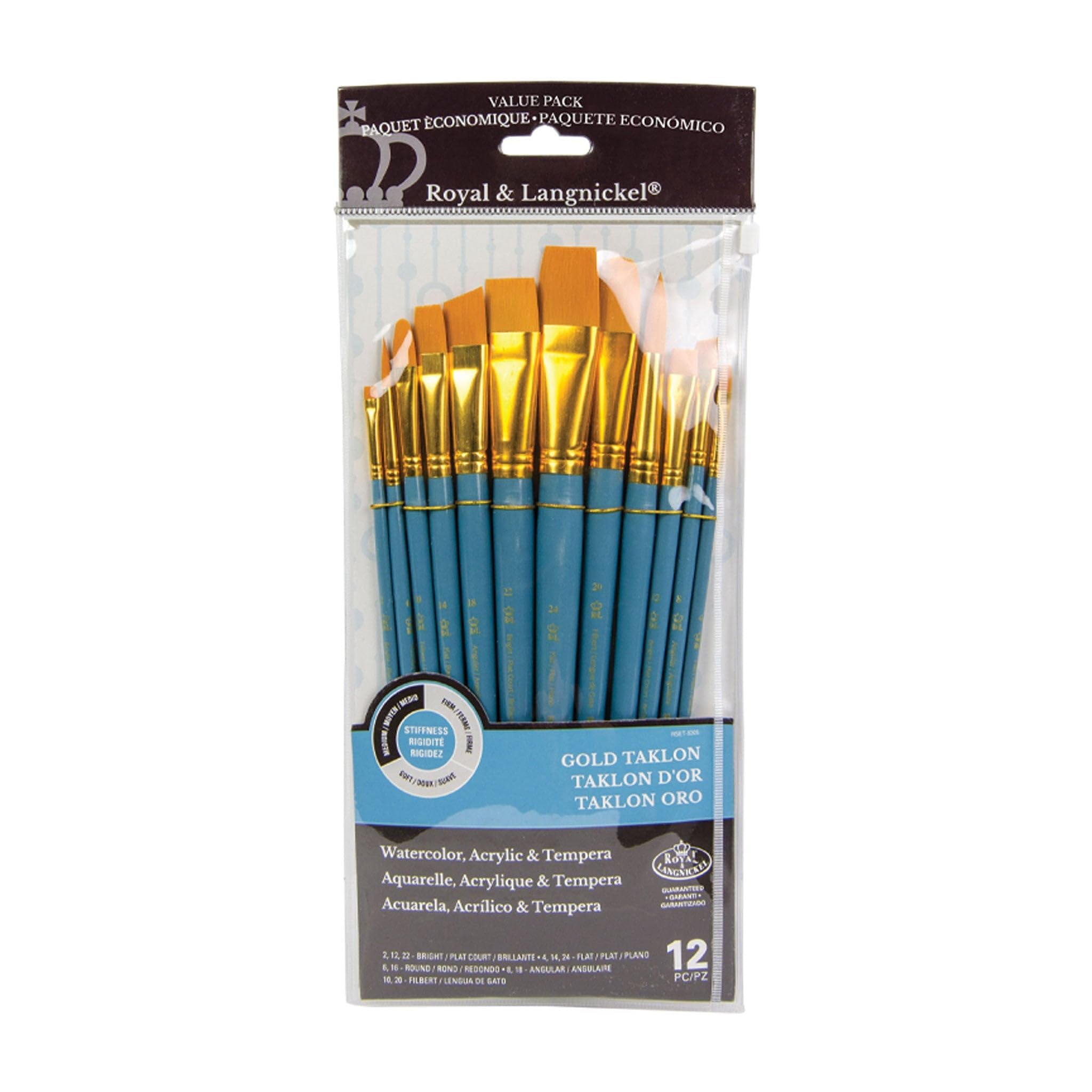 Royal & Langnickel Zip N' Close 12-Piece Medium Gold Taklon Brush Set for Acrylic, Oil & Watercolor Painting - Professional Artist Brush Kit with Travel Case for Studio, Classroom & Outdoor Art Projects