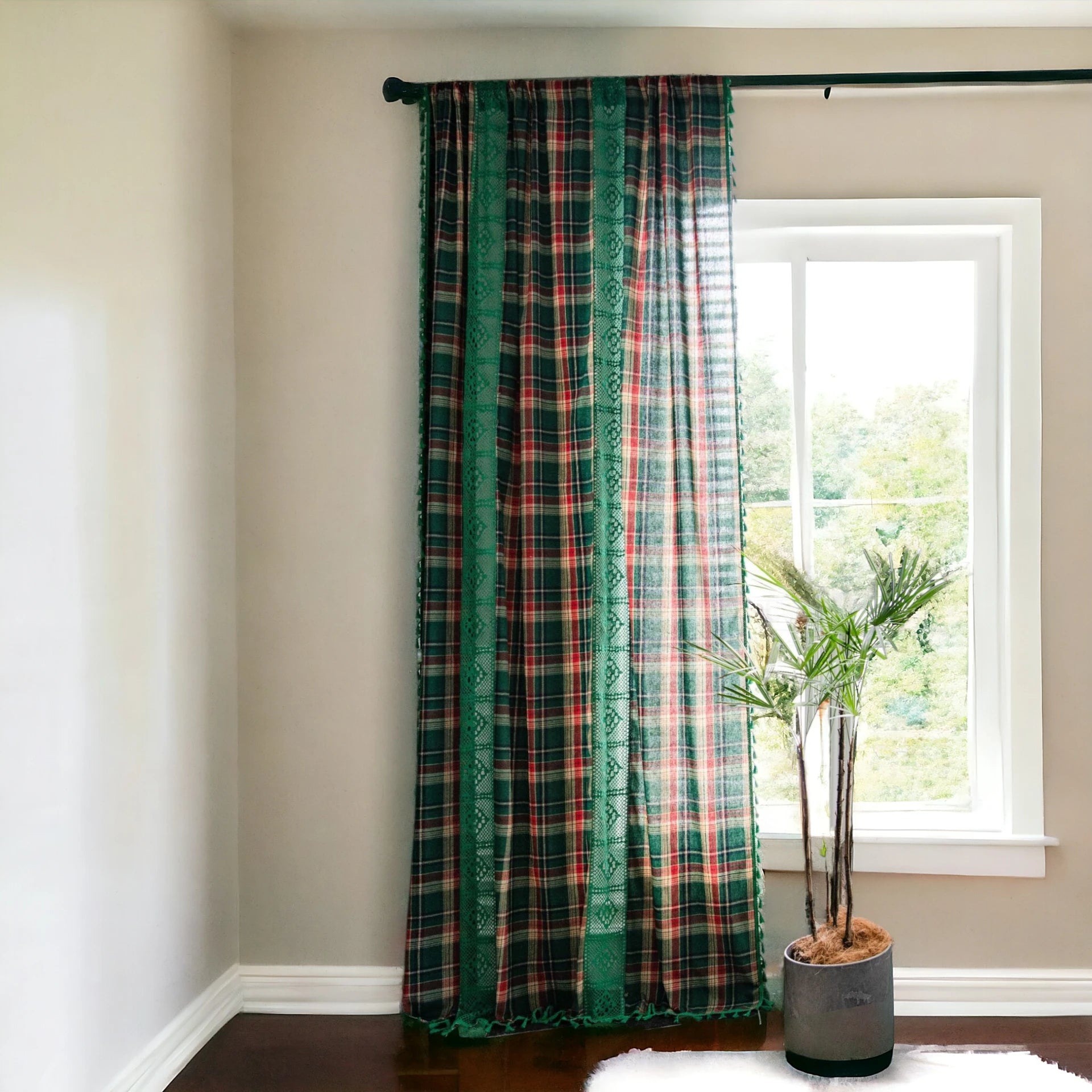 Boho Custom Tasseled Curtain - Araya Green Gingham Light Filtering Window Drapes for Living Room, Bedroom & Nursery Decor