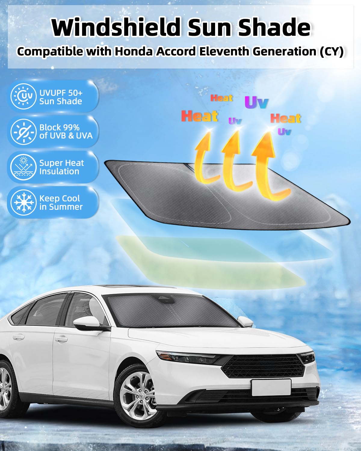Mixsuper Foldable Windshield Sunshade for Honda Accord 2023-2025 | UV Heat Blocking Sun Visor for Front Window | Car Accessories to Keep Cool (Perfect for Parking, Road Trips & Summer Protection)