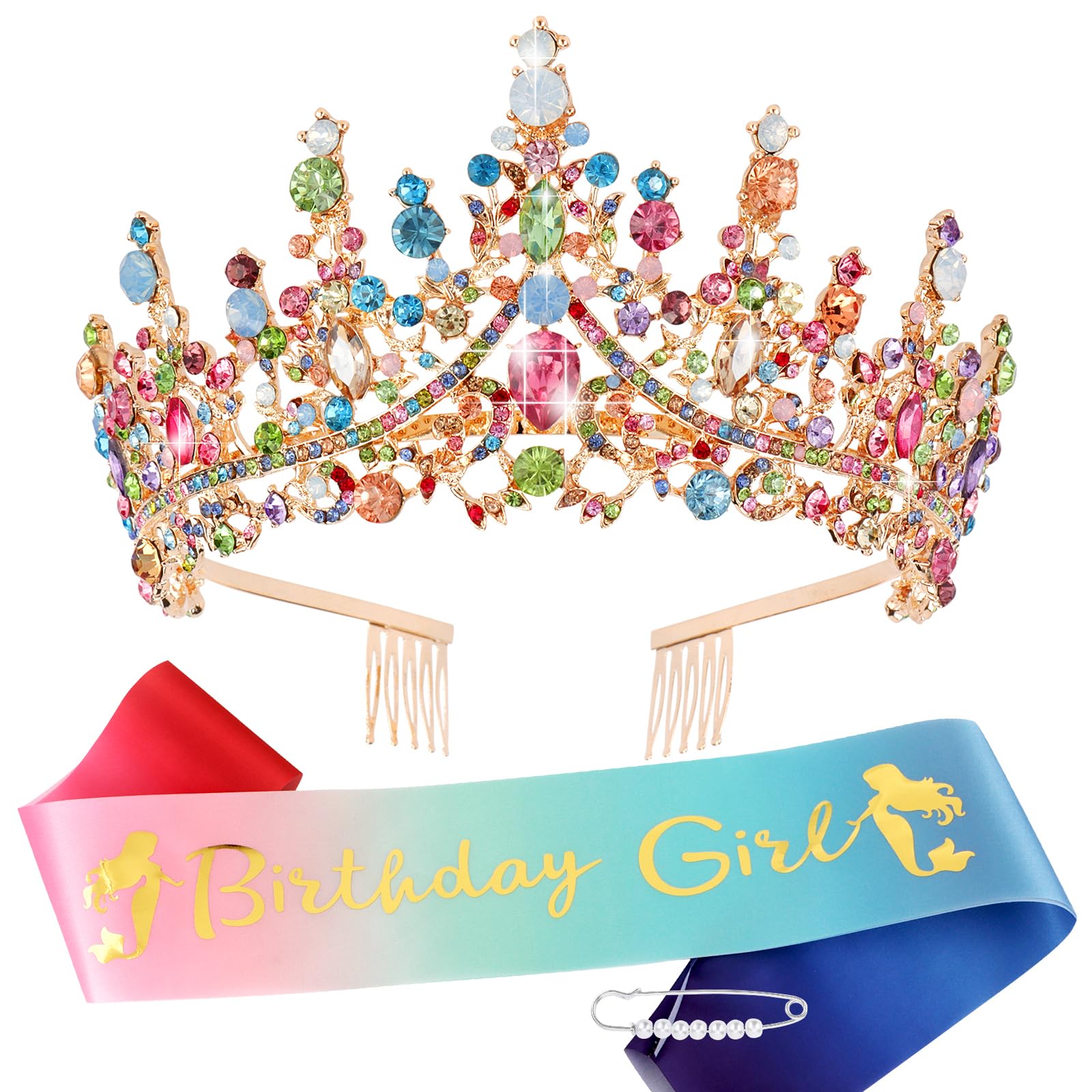TOBATOBA Mermaid Birthday Sash & Tiara Set for Women & Girls - Rainbow Princess Crown, Birthday Party Decorations - Perfect for Girls' Birthday Parties, Princess Themed Events & Mermaid Celebrations