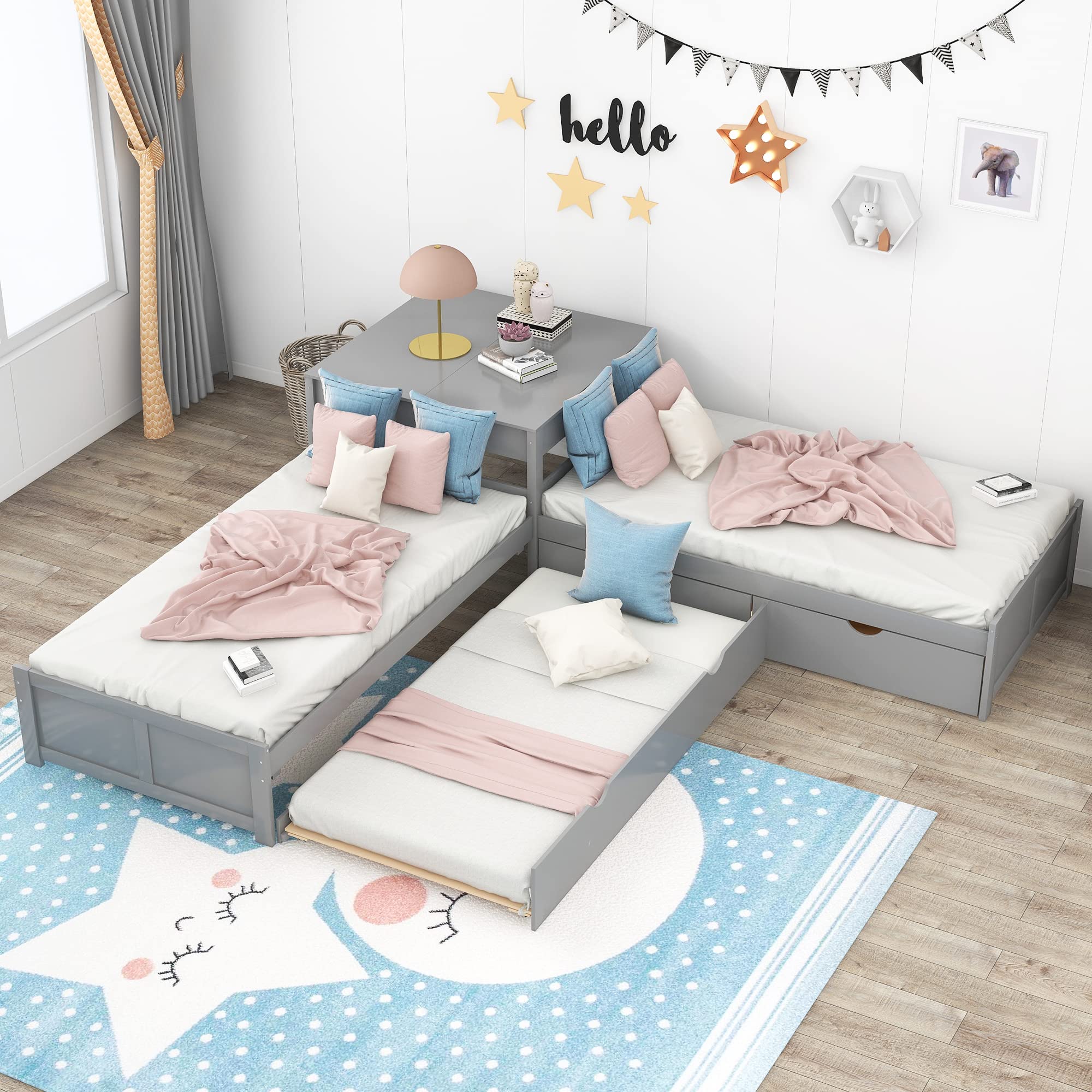 SOFTSEA L-Shaped Bed Frame with Trundle and Storage Drawers - Low Profile Corner Bed Platform with Built-in Nightstand for Small Spaces | Perfect for Studio Apartments, Dorm Rooms & Kids' Bedrooms