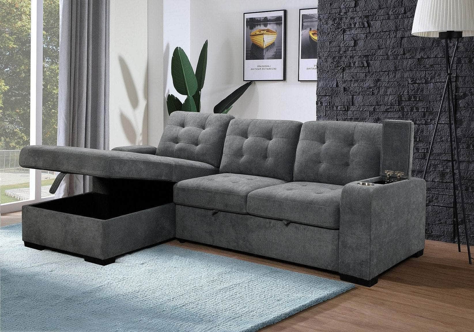 Sunnybrook Sleeper Sectional Sofa Bed with Cupholders & Storage Chaise - Grey Convertible Couch for Small Spaces | 2 Configurations Available | Perfect for Guest Rooms, Apartments & Home Theaters