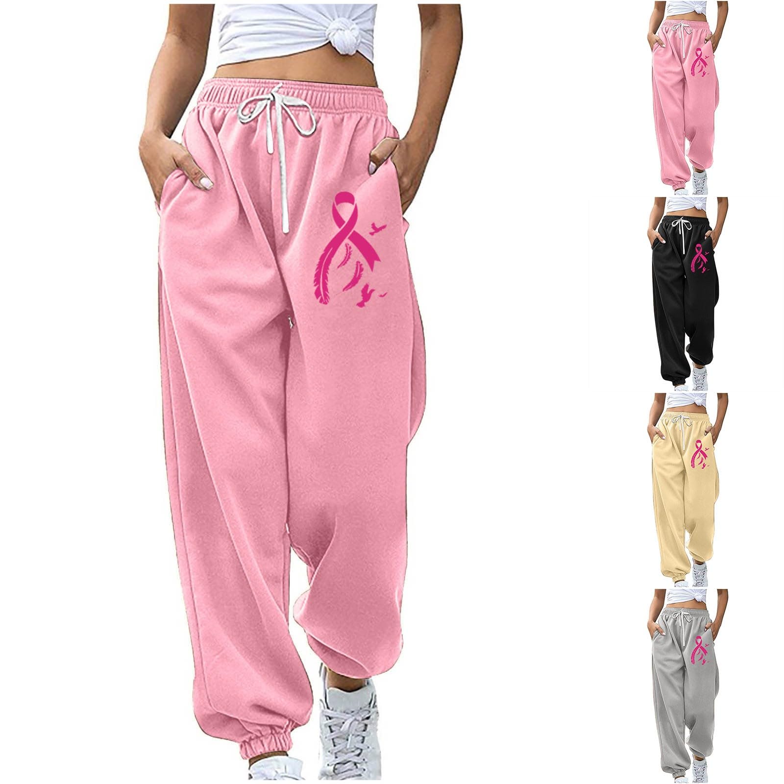 Women's Pink Ribbon Breast Cancer Awareness Sweatpants - High Waisted Jogger Pants for Workout, Yoga & Lounge - Supportive Comfort Pants for Survivors & Supporters