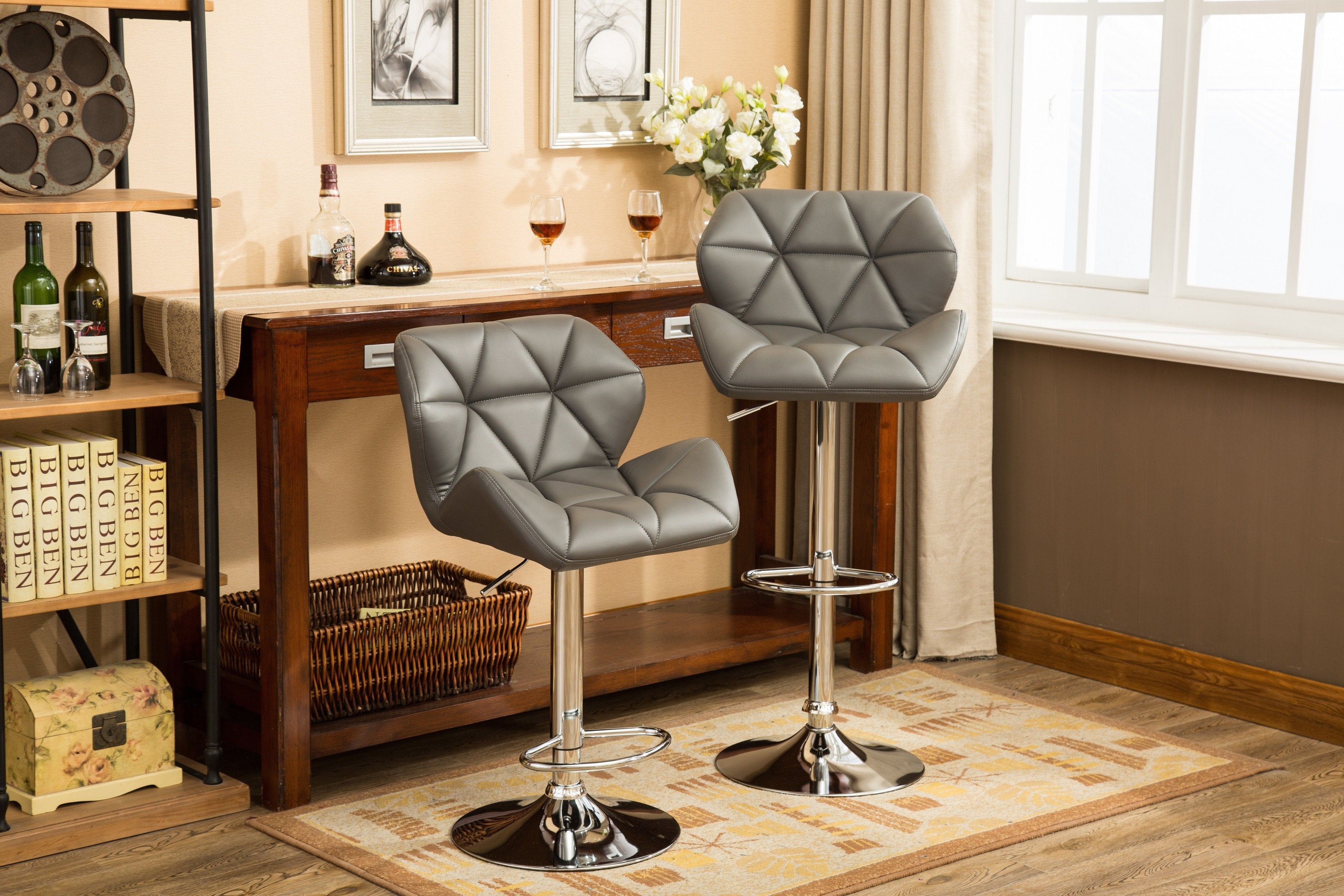 Roundhill Furniture Glasgow Contemporary Tufted Adjustable Height Hydraulic Bar Stools, Grey, Set of 2 - Perfect for Kitchen Islands, Home Bars & Modern Dining Areas