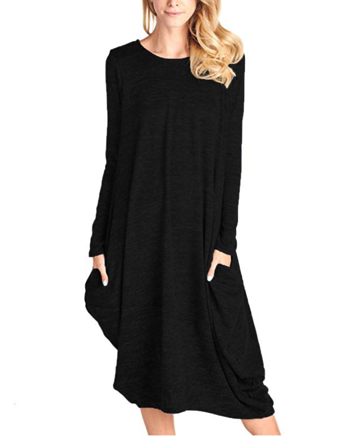 CNFIO Women's Long Sleeve T-Shirt Dress - Casual Loose Midi Dress with Pockets for Everyday Wear, Work, and Weekend Outings