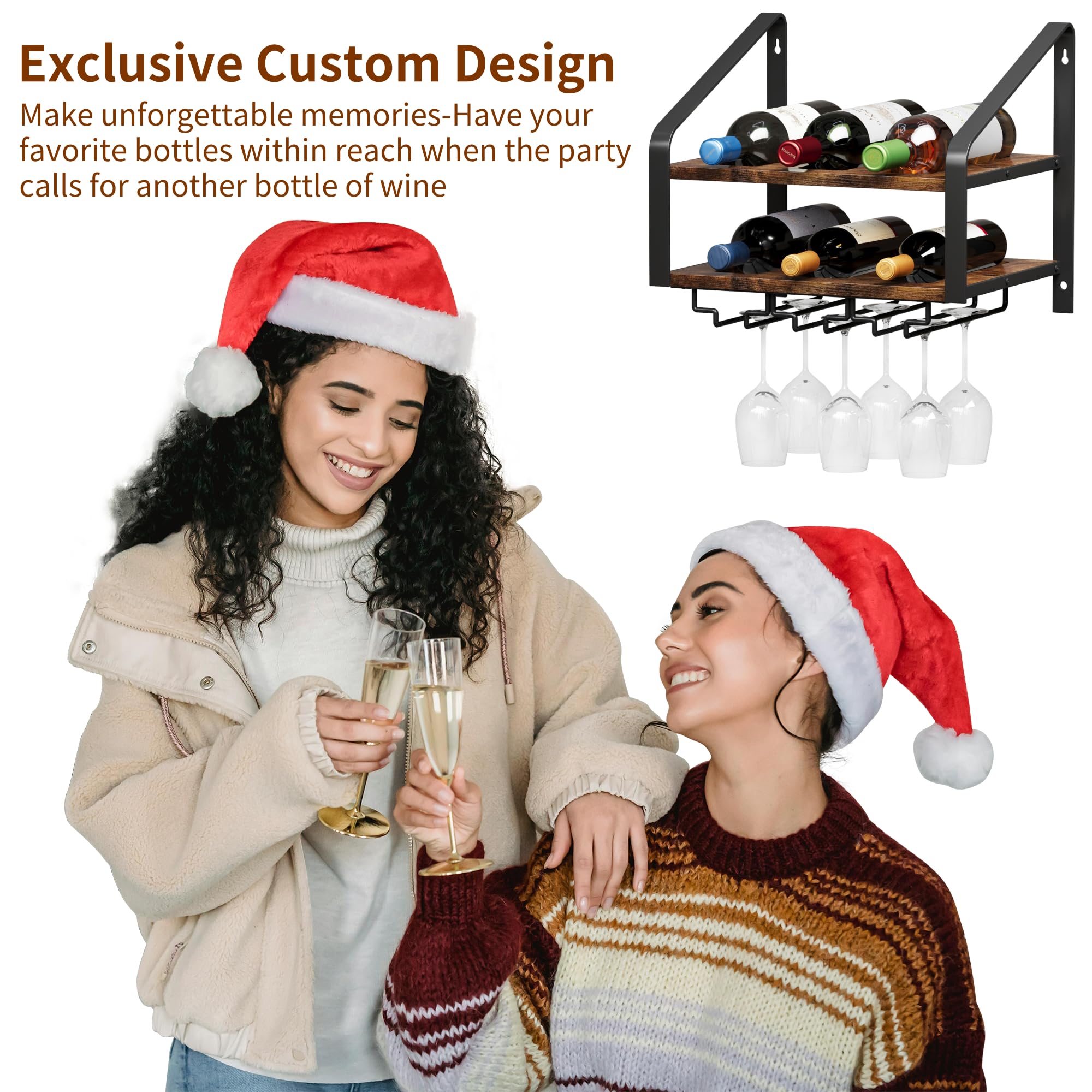 2-Tier Wall Mounted Wine Rack for 6 Bottles & 6 Glasses - Solid Wood & Metal Wine Bottle Holder for Home Bar, Kitchen, Dining Room - Space-Saving Wine Storage Solution (Brown Black) - Perfect for Small Spaces, Apartment Living & Entertaining Guests