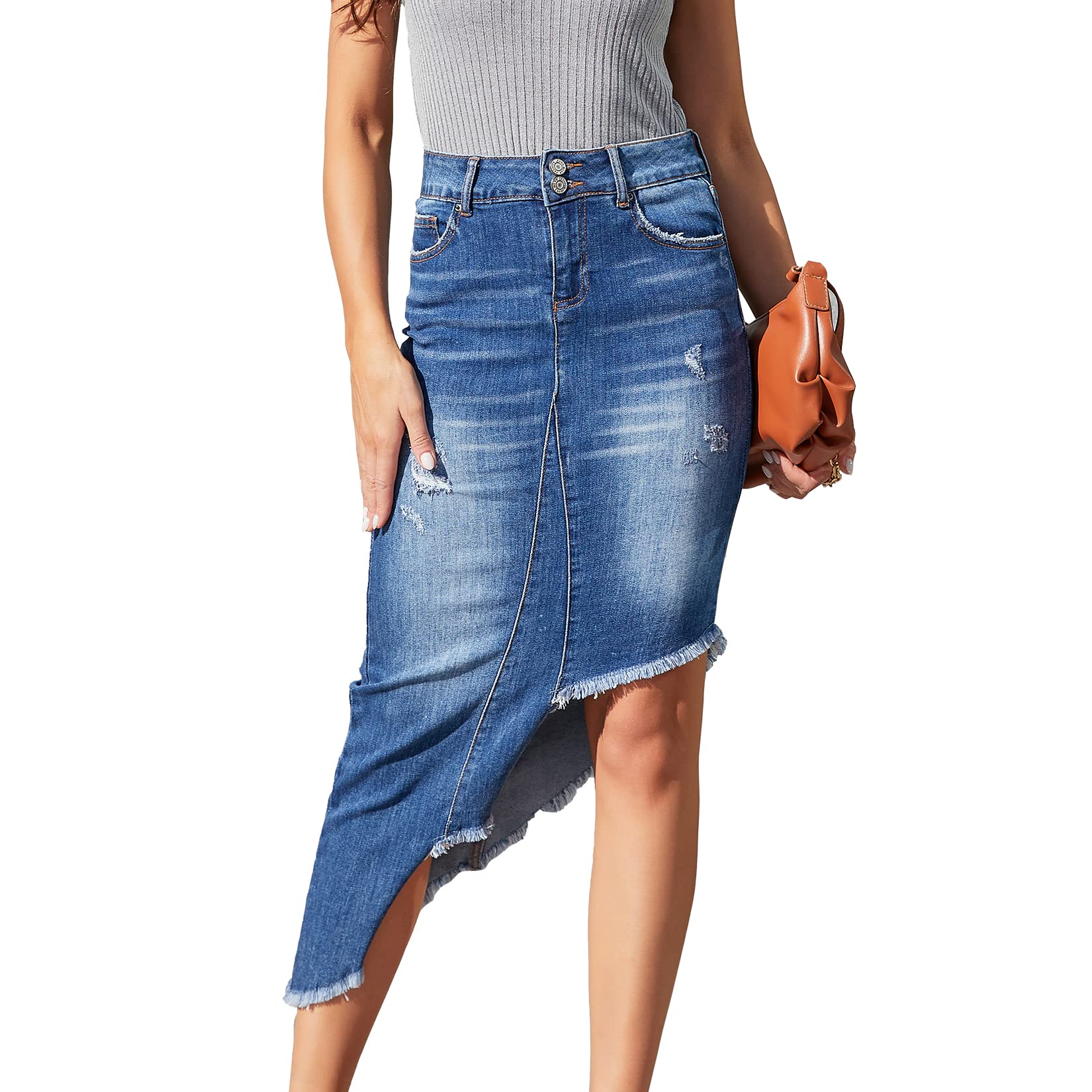 VIPONES Women's Denim Skirt - Stretch Ripped Raw Hem Mini Skirt with Frayed Details | Mid Waist Casual Jean Shorts for Summer Outfits, Streetwear & Date Night Looks
