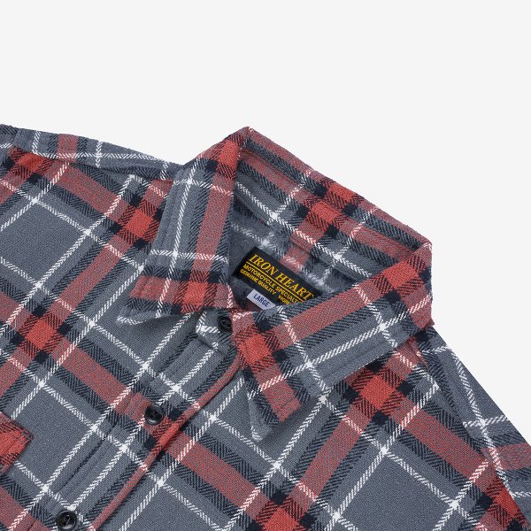 Iron Heart IHSH-375 Heavyweight 12oz Slub Flannel Shirt - Gray Herringbone Check for Men | Durable Workwear & Outdoor Activities