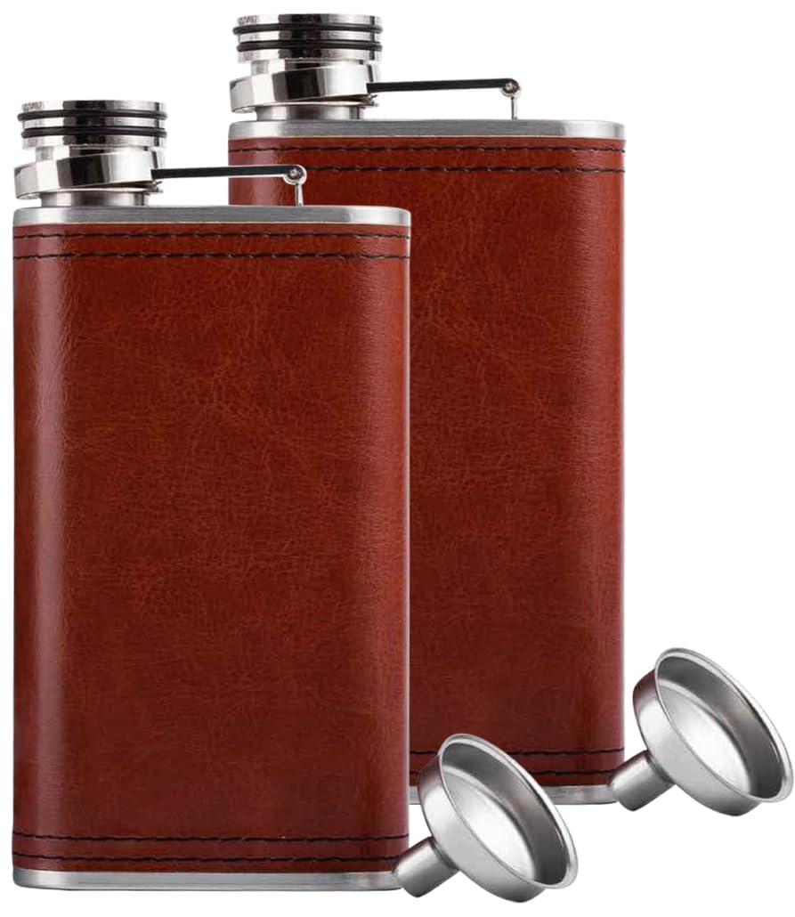 Brown PU Leather 8oz Grip Cap Pocket Flask with Funnel (2-Pack) - Perfect for Bourbon, Whiskey & Outdoor Adventures | Camping, Hiking, Travel & Gifts