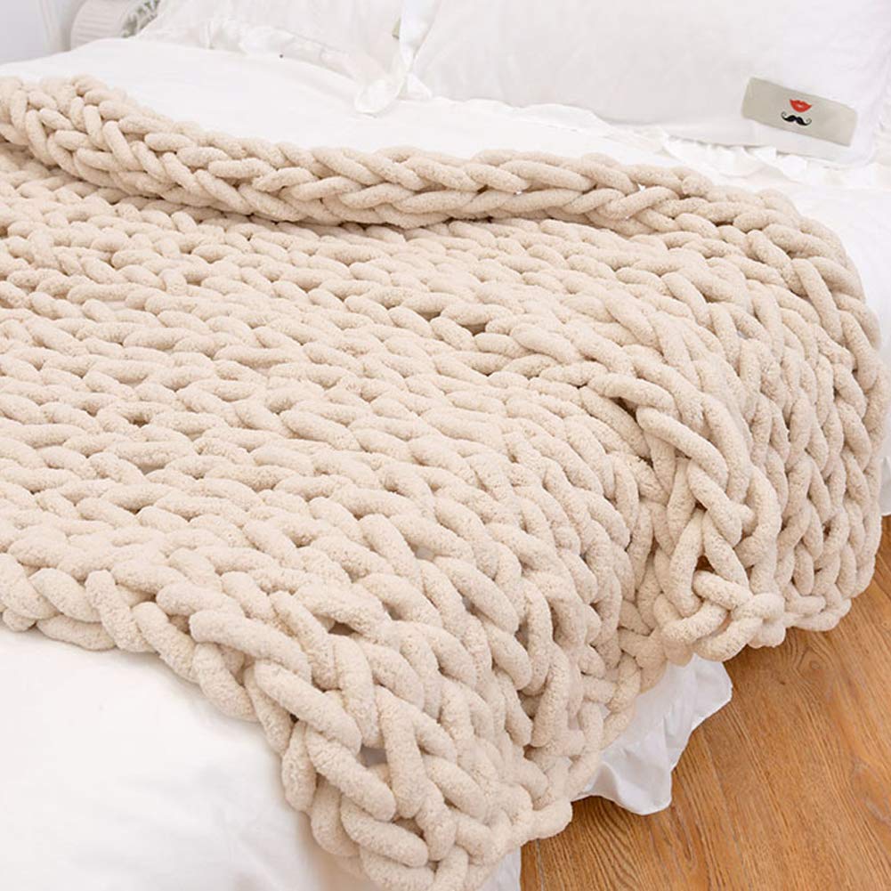 Chunky Knit Blanket - Soft Cozy Giant Chenille Handwoven Throw for Sofa & Bed - Machine Washable Beige Blanket 40