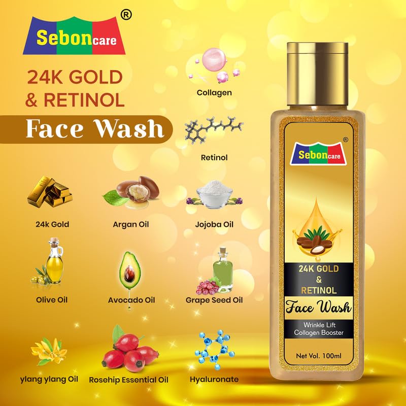SebonCare Collagen Booster Face Wash with Retinol, 24K Gold & Hyaluronic Acid - Vitamin E Enriched for Brightening, Wrinkle Reduction & Radiant Glow (100ml) - Perfect for Daily Anti-Aging Skincare Routine