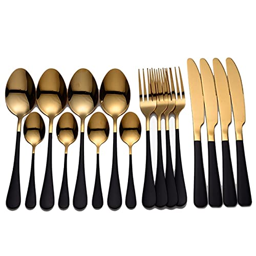 Premium 16-Piece Stainless Steel Silverware Set - Gold Silverware Cutlery Set with Forks, Knives & Spoons - Elegant Black Gold Dinnerware for Restaurants, Weddings & Home Dining (4 Sets)