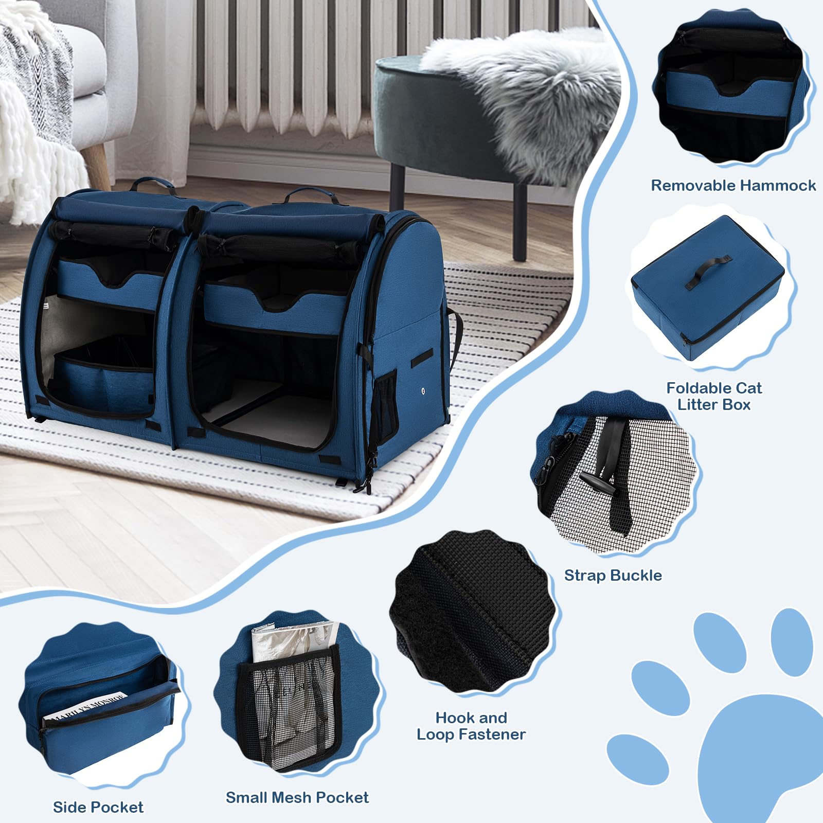 **40 Inch Large Cat Carrier with Double Compartments - Portable Soft-Sided Pet Kennel for Cats & Small Dogs - Includes 2 Removable Hammocks, Dual-Use Mats & Litter Box - Travel Carrier with Carry Bag & Ground Stakes (Navy Blue) - Perfect for Air Travel, Road Trips & Vet Visits**