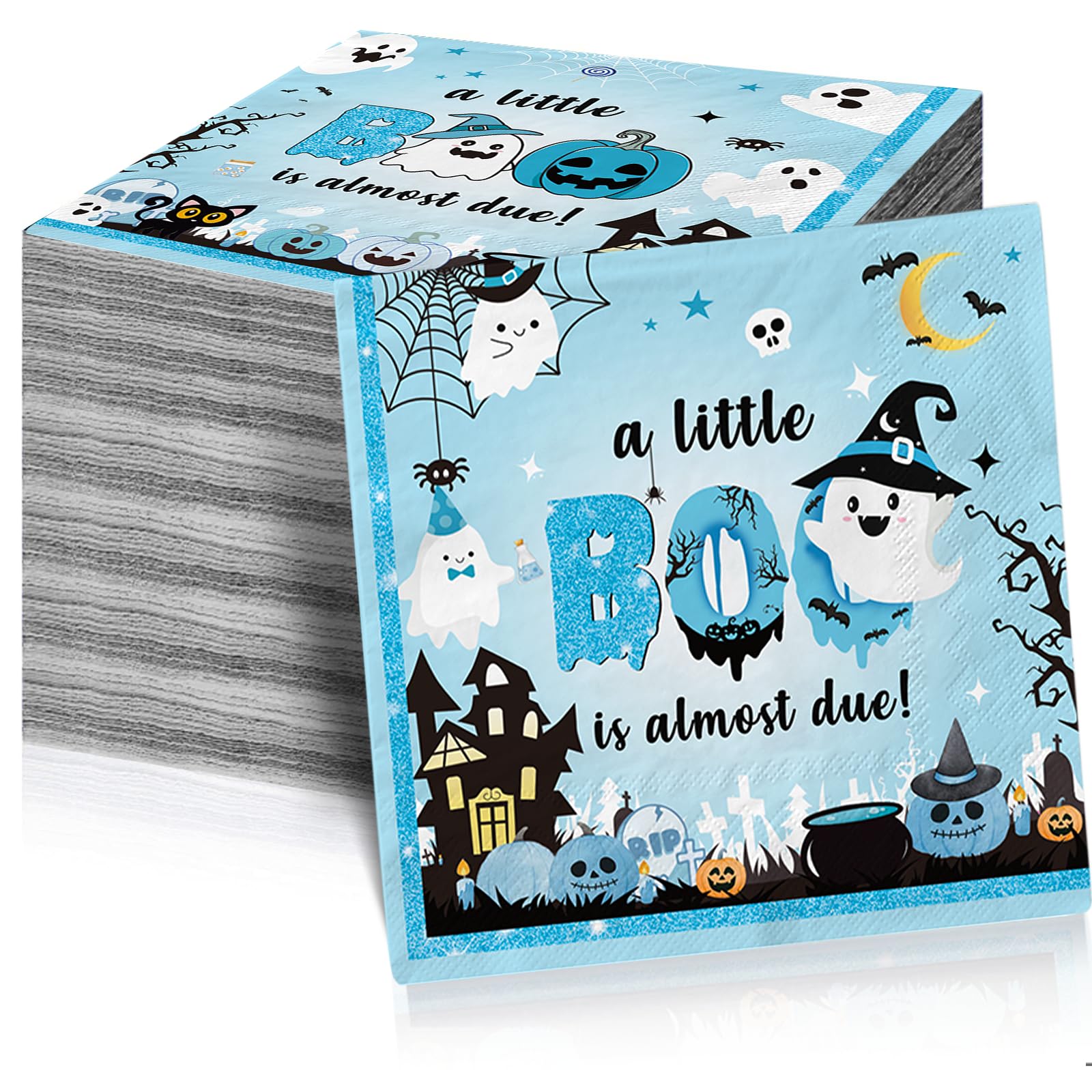 48Pcs Little Boo Baby Shower Napkins - Blue Halloween Themed Party Decorations for Baby Boy | Perfect for Baby Shower, Halloween Party & Gender Reveal Celebrations