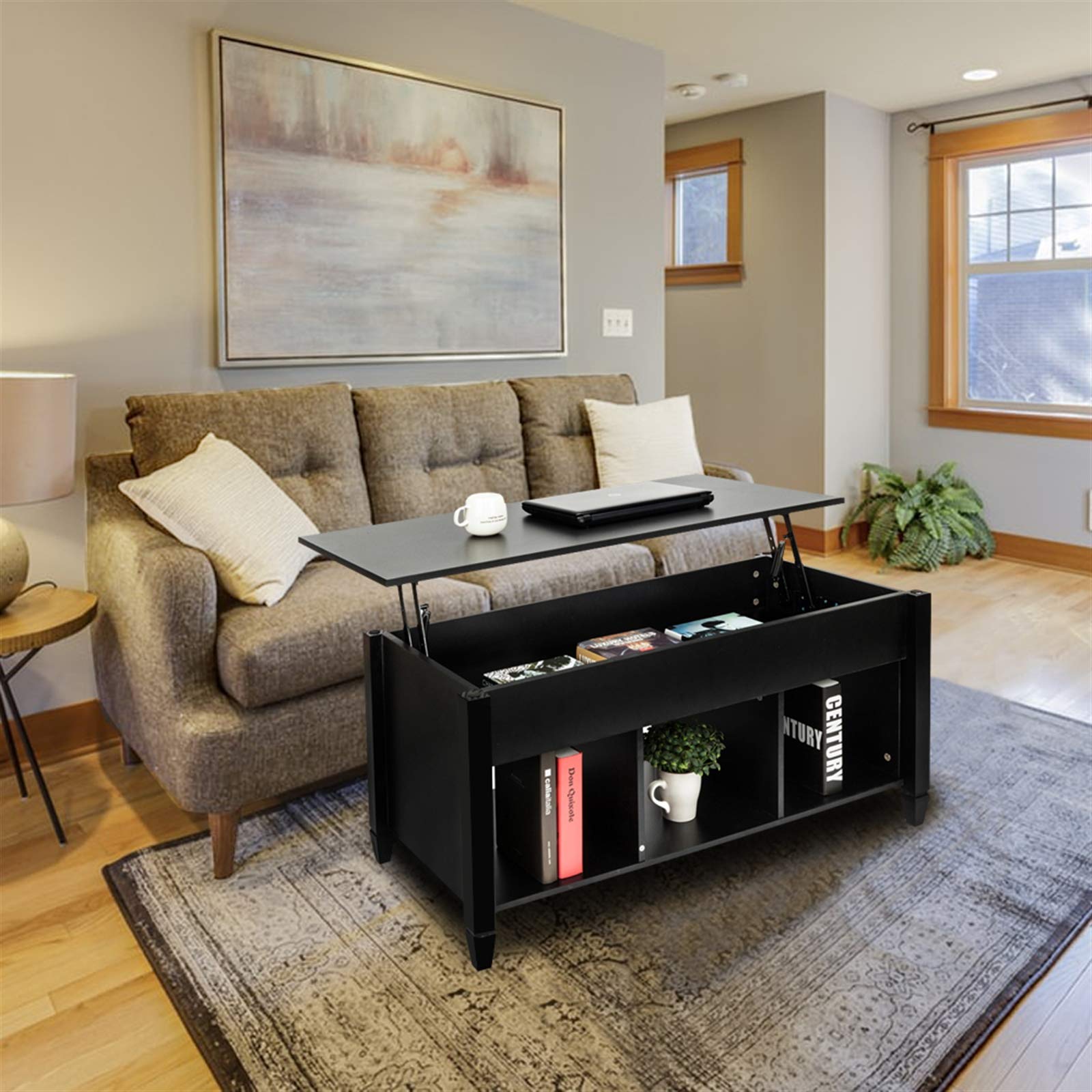 Modern Lift-Top Coffee Table with Hidden Storage & Open Shelf - Black Wooden Lift Table for Living Room, Home Office & Reception Areas (G-Type) | Perfect for Small Spaces, Entertaining & Multi-Purpose Use
