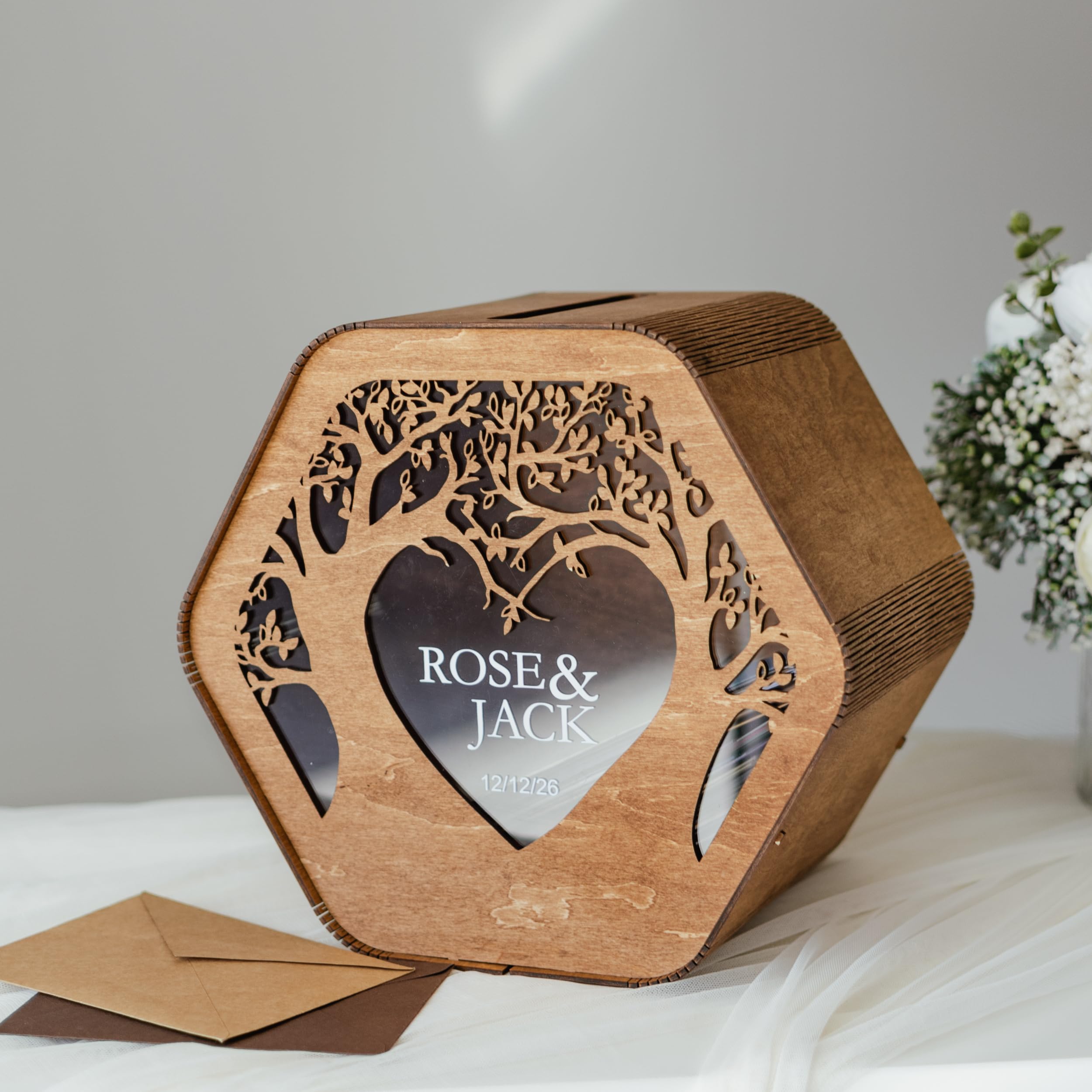 Personalized Wooden Wedding Card Box - Custom Rustic Money & Card Holder with Tree Design - Elegant Bridal Shower, Birthday Gift Box - Perfect for Wedding Reception, Anniversary & Special Events