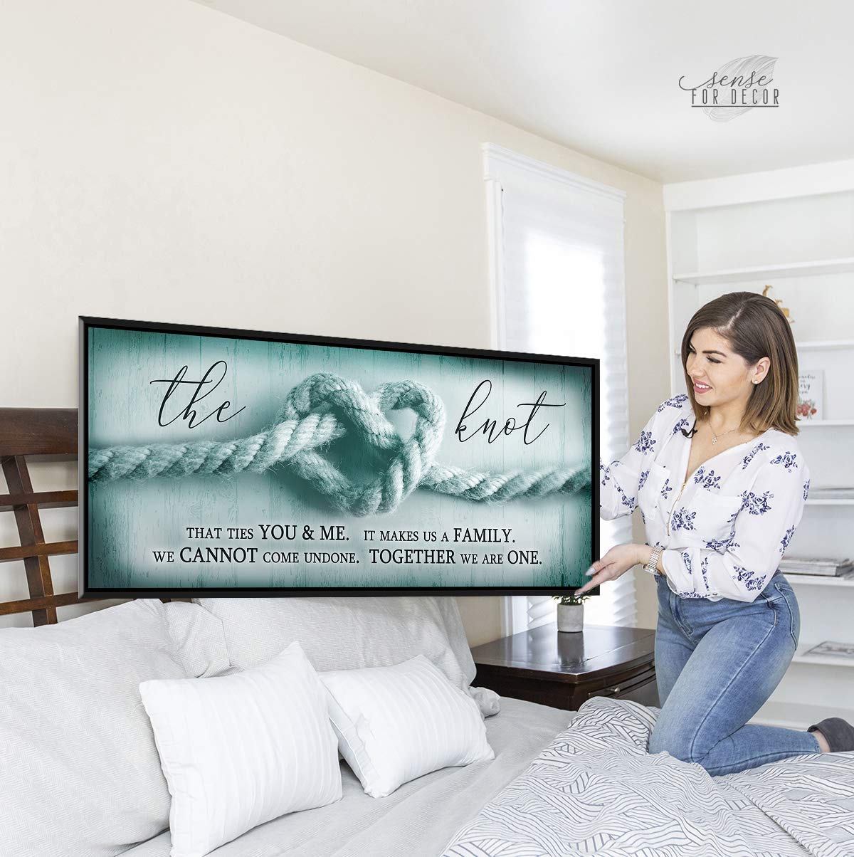 Romantic The Knot Wall Art for Couples - Teal & Black Floating Frame 42x19 - Large Framed Love Sign for Bedroom Decor, Master Bedroom Wall Décor, Over the Bed Art Piece | Perfect for Anniversary Gifts, Wedding Presents & Couples' Home Decoration