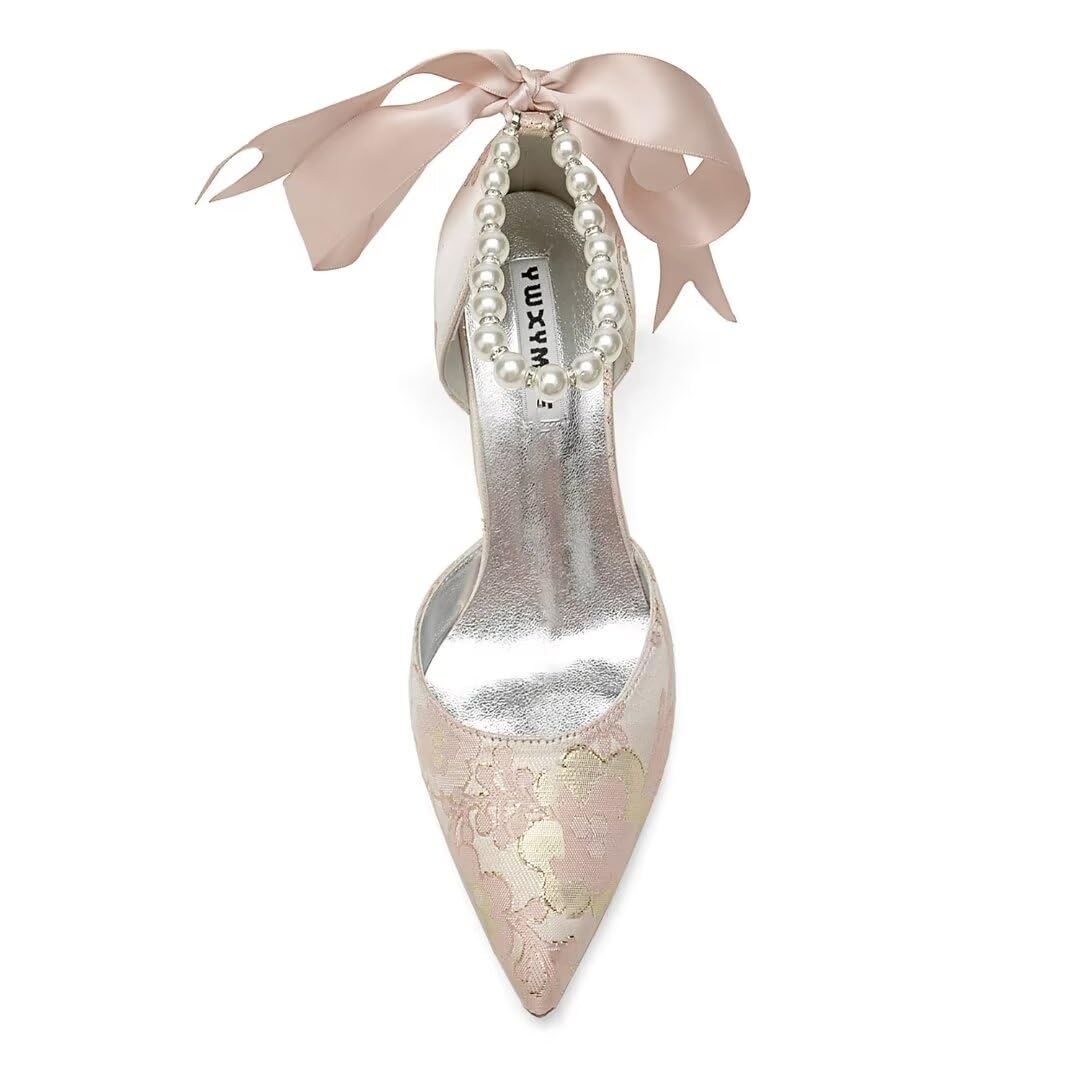 Elegant Women's Floral Satin Pearl Wedding Shoes - Closed Toe Bridal Heels for Bride - Perfect for Wedding Ceremonies, Bridal Showers & Formal Events