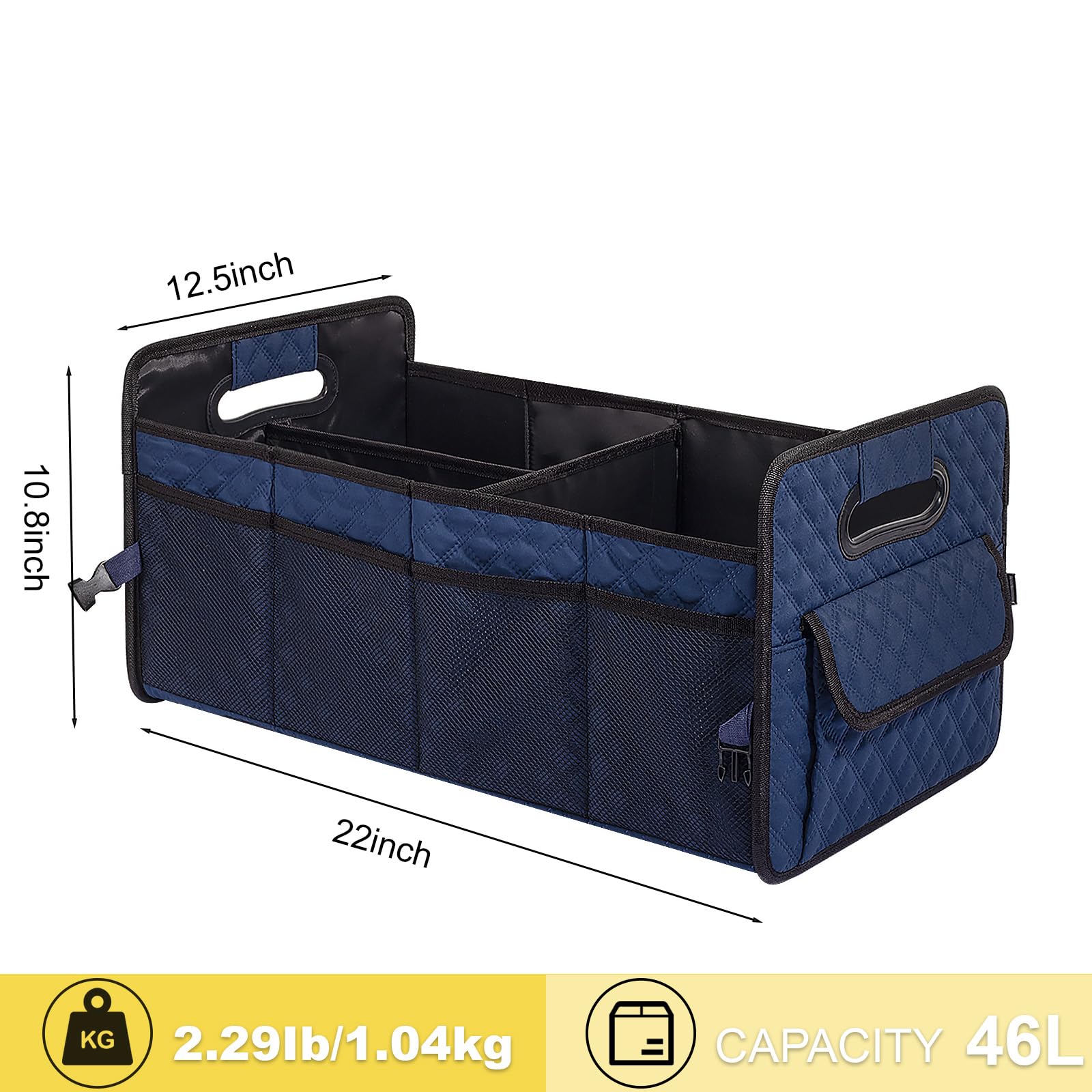 JiatuA Collapsible Car Trunk Organizer for SUV - Multi-Compartment Storage Container Box with Adjustable Dividers - Car Accessories for Women & Men (Dark Blue) - Perfect for Road Trips, Grocery Shopping & Family Outings