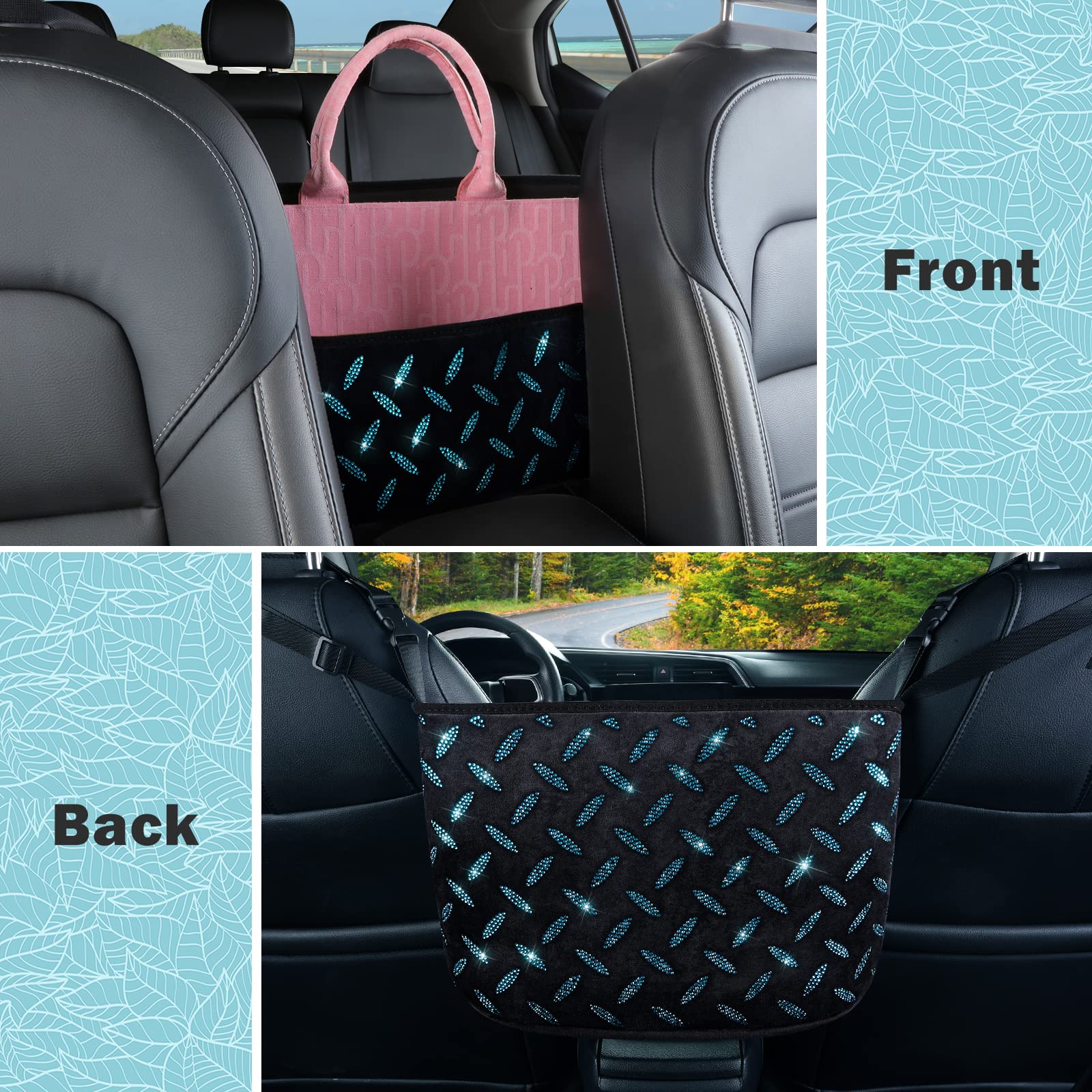 Sparkling Crystal Car Seat Organizer with Purse Holder & Storage Net - Bling Diamond Accessories for Women - Pet Barrier for Dogs & Kids - Blue - Perfect for Road Trips & Daily Commutes