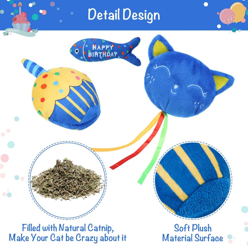 BINGPET Cat Birthday Party Set - Catnip Toys, Birthday Hat, Bandana & Cake Plush for Indoor Cats - Interactive Chew Toys with Crinkle Paper & Catnip (Blue) - Perfect for Birthday Celebrations & Playtime